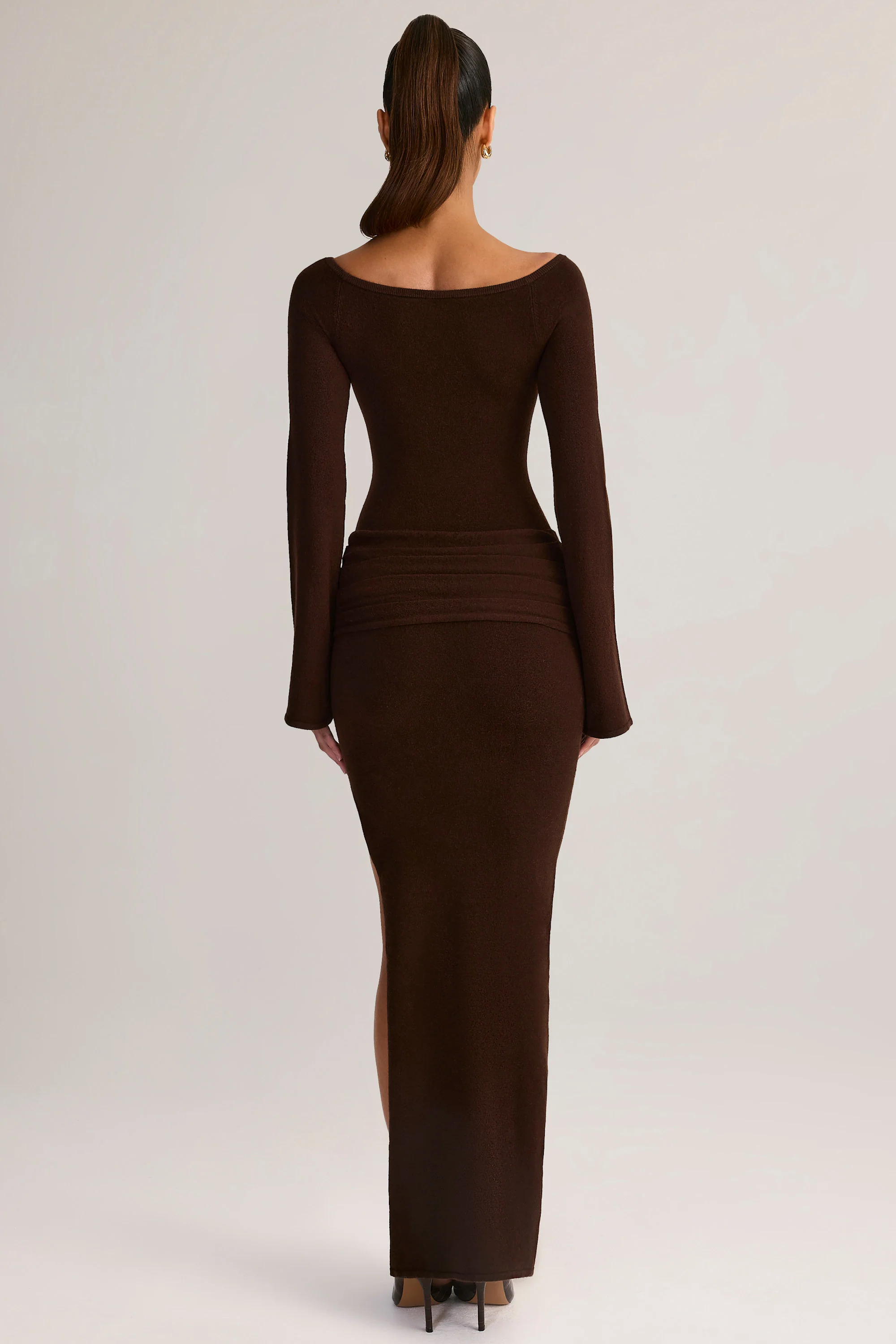 Rib-Knit Boat-Neck Long-Sleeve Maxi Dress in Chocolate Brown - Image 2