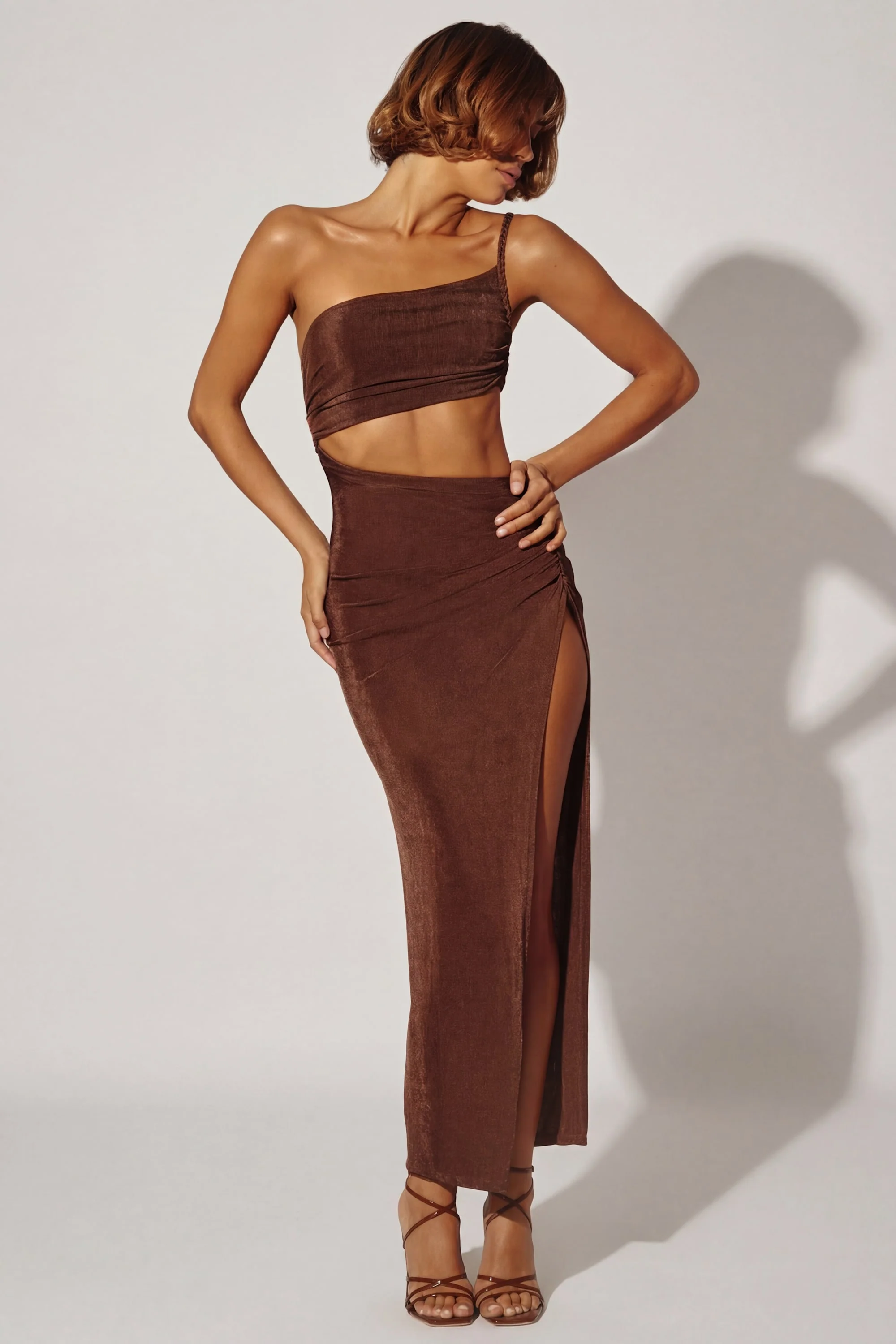 One Shoulder Cut Out Maxi Dress in Brown - Image 7