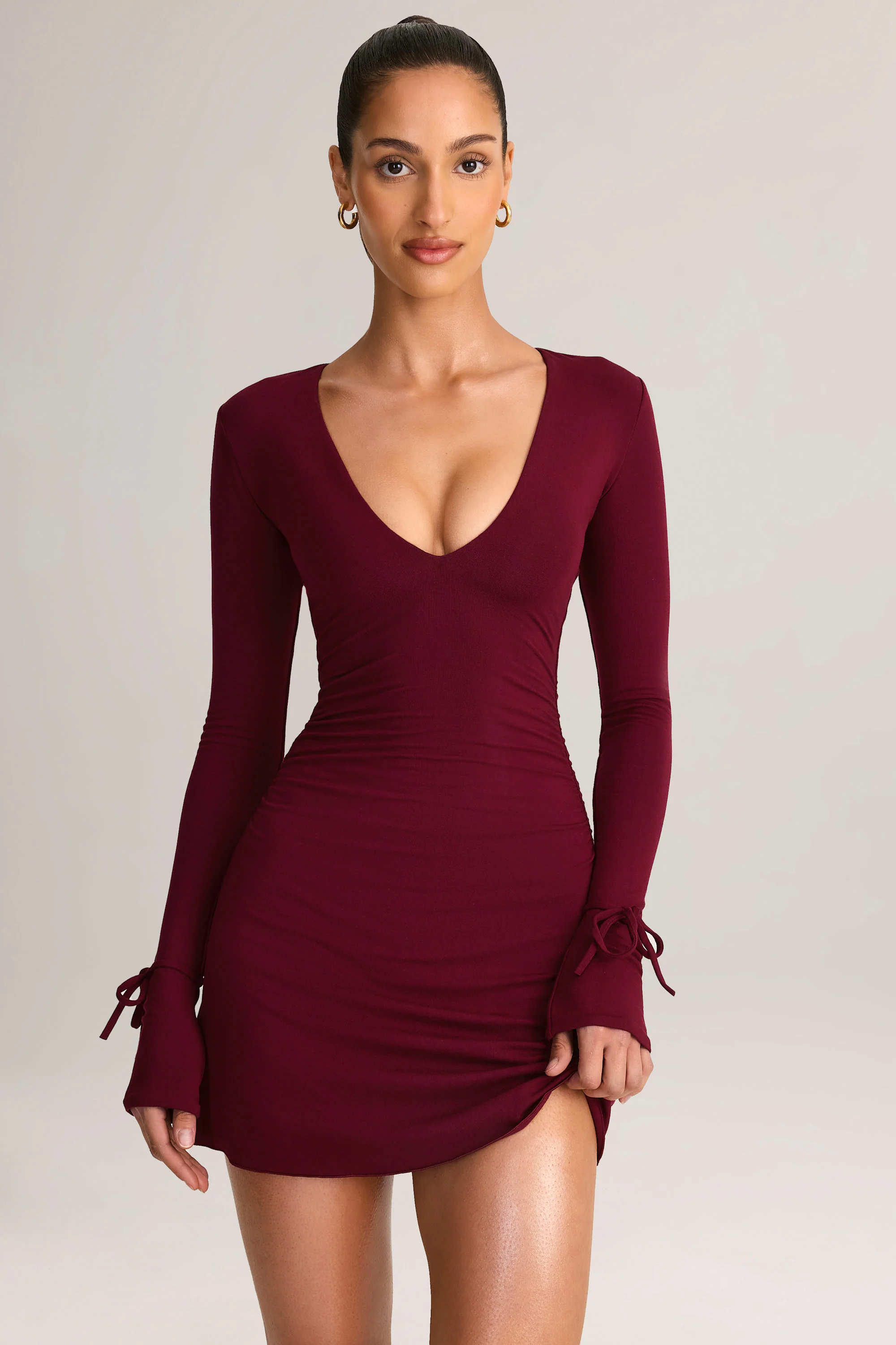Modal Long-Sleeve Mini Dress in Wine - Image 5