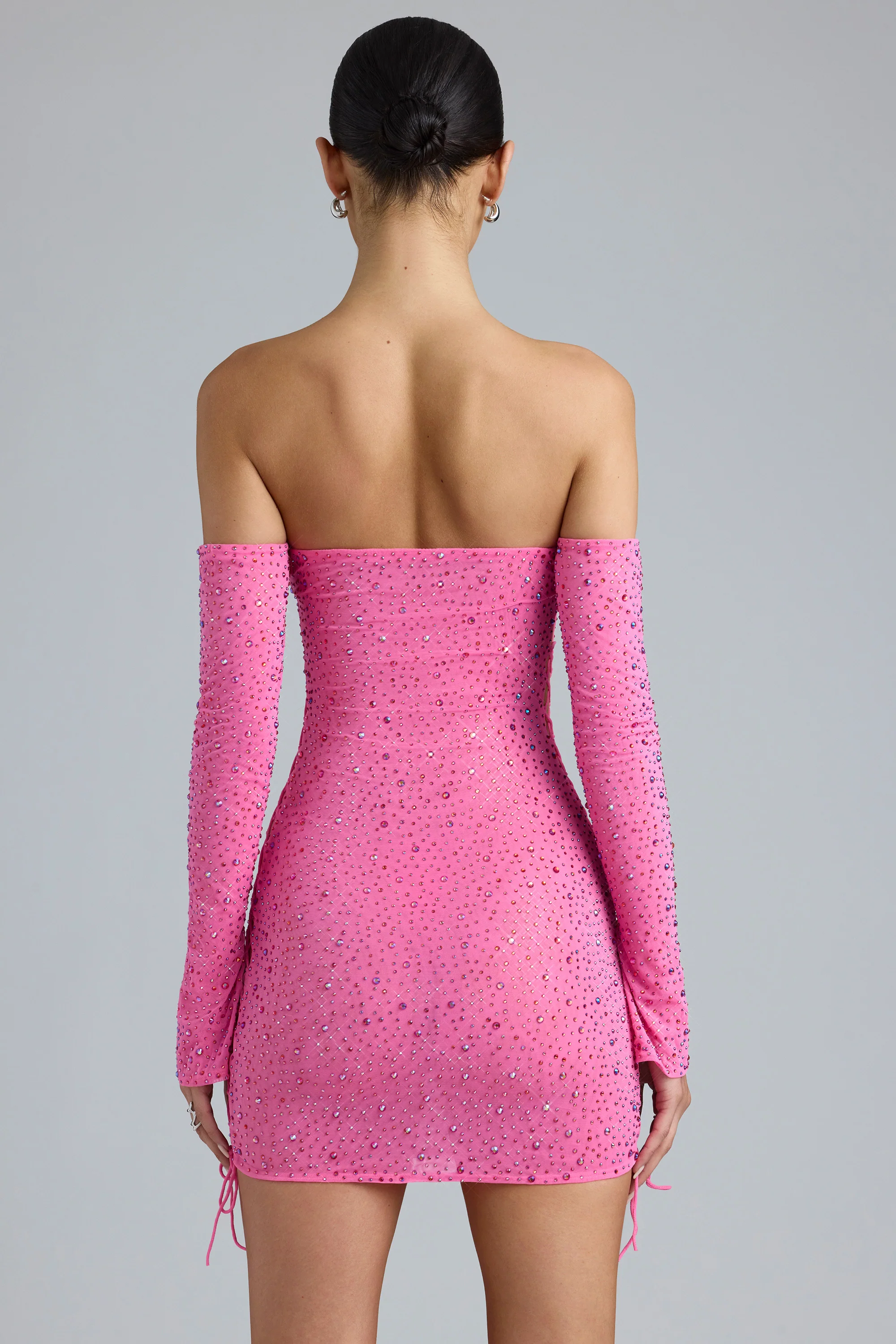 Embellished Lace-Up Off-Shoulder Mini Dress in Bubblegum Pink - Image 2