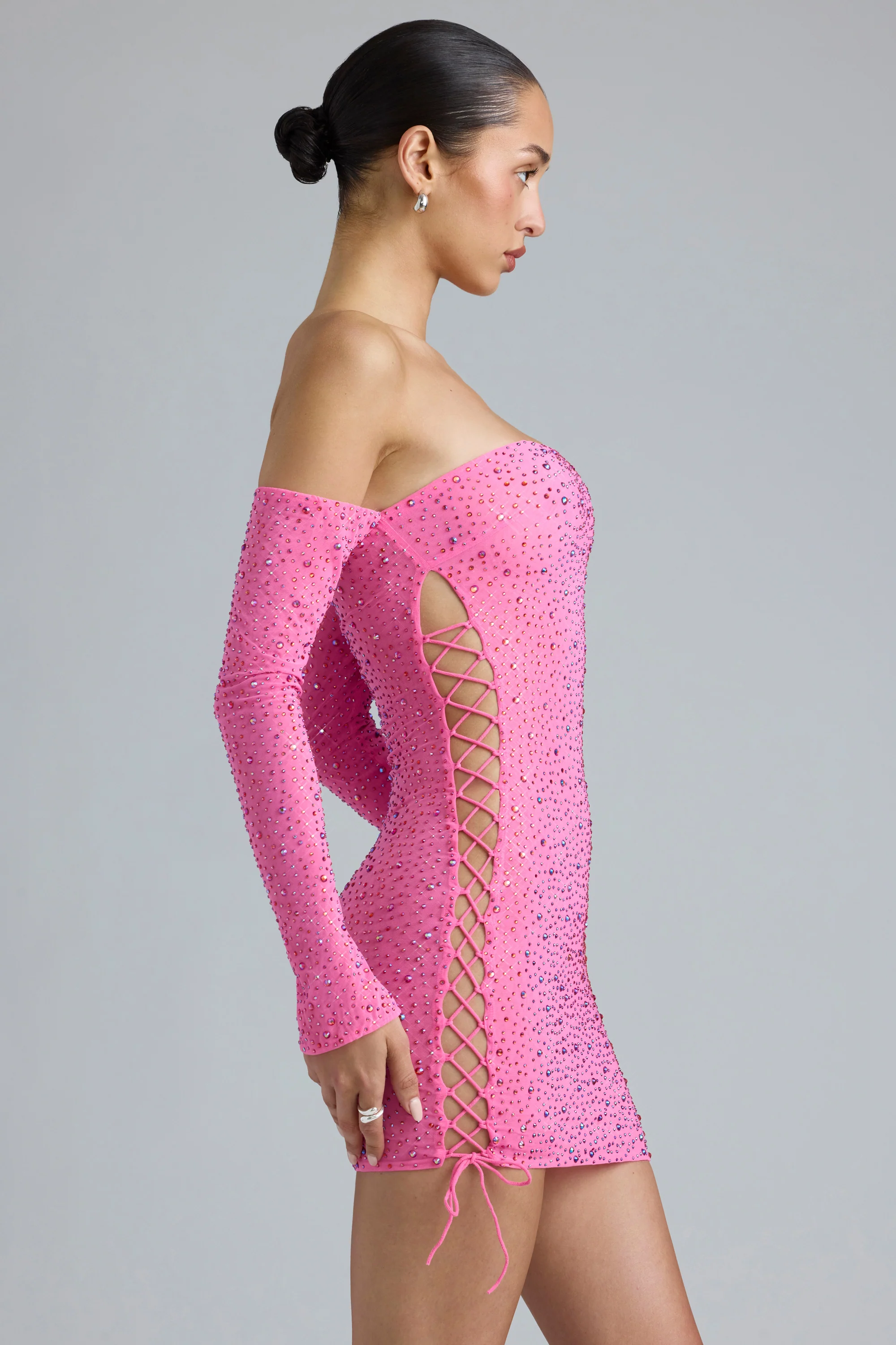 Embellished Lace-Up Off-Shoulder Mini Dress in Bubblegum Pink - Image 3