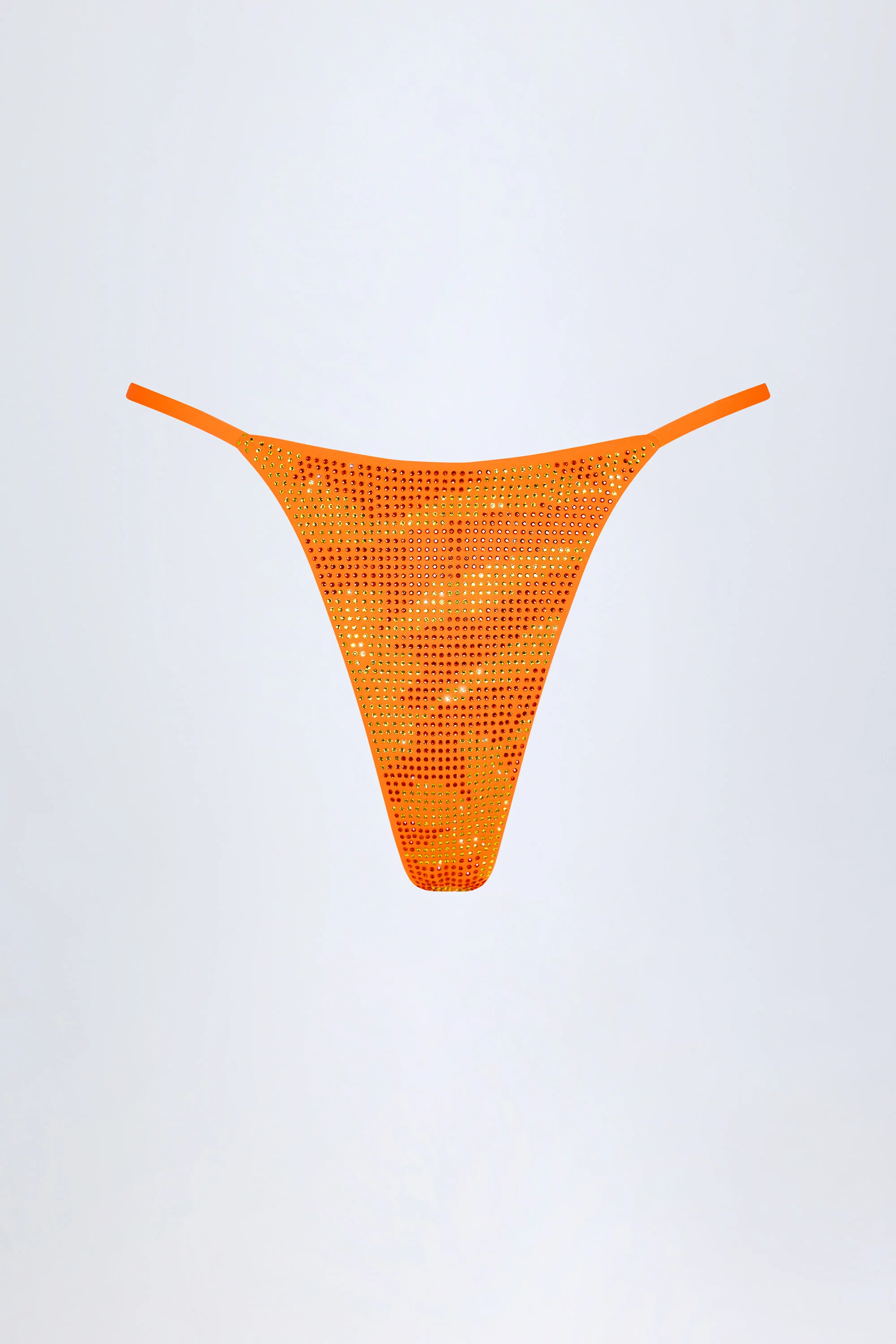 Embellished Thong Bikini Bottoms in Orange Tropical Print - Image 3