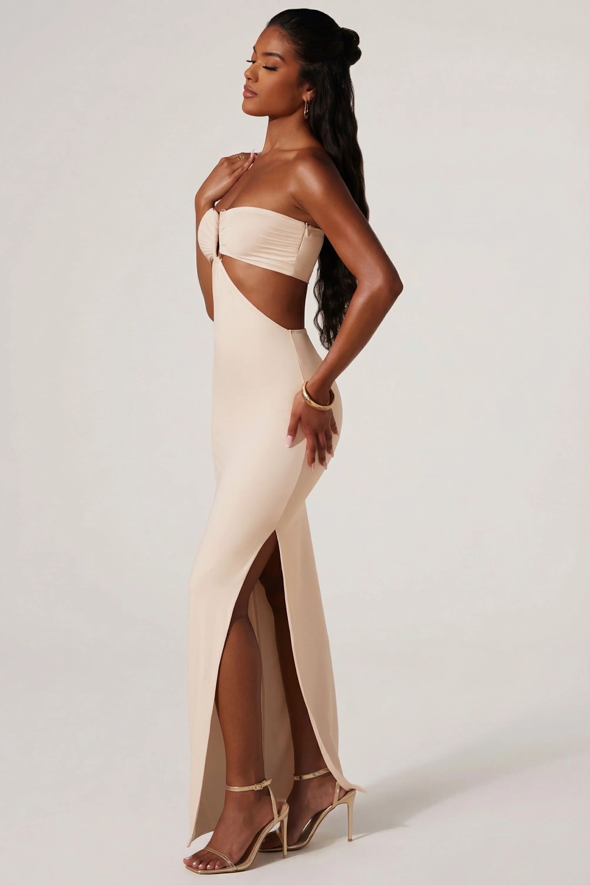 Ruched Hardware Detail Bandeau Floor Length Dress in Ivory - Image 3