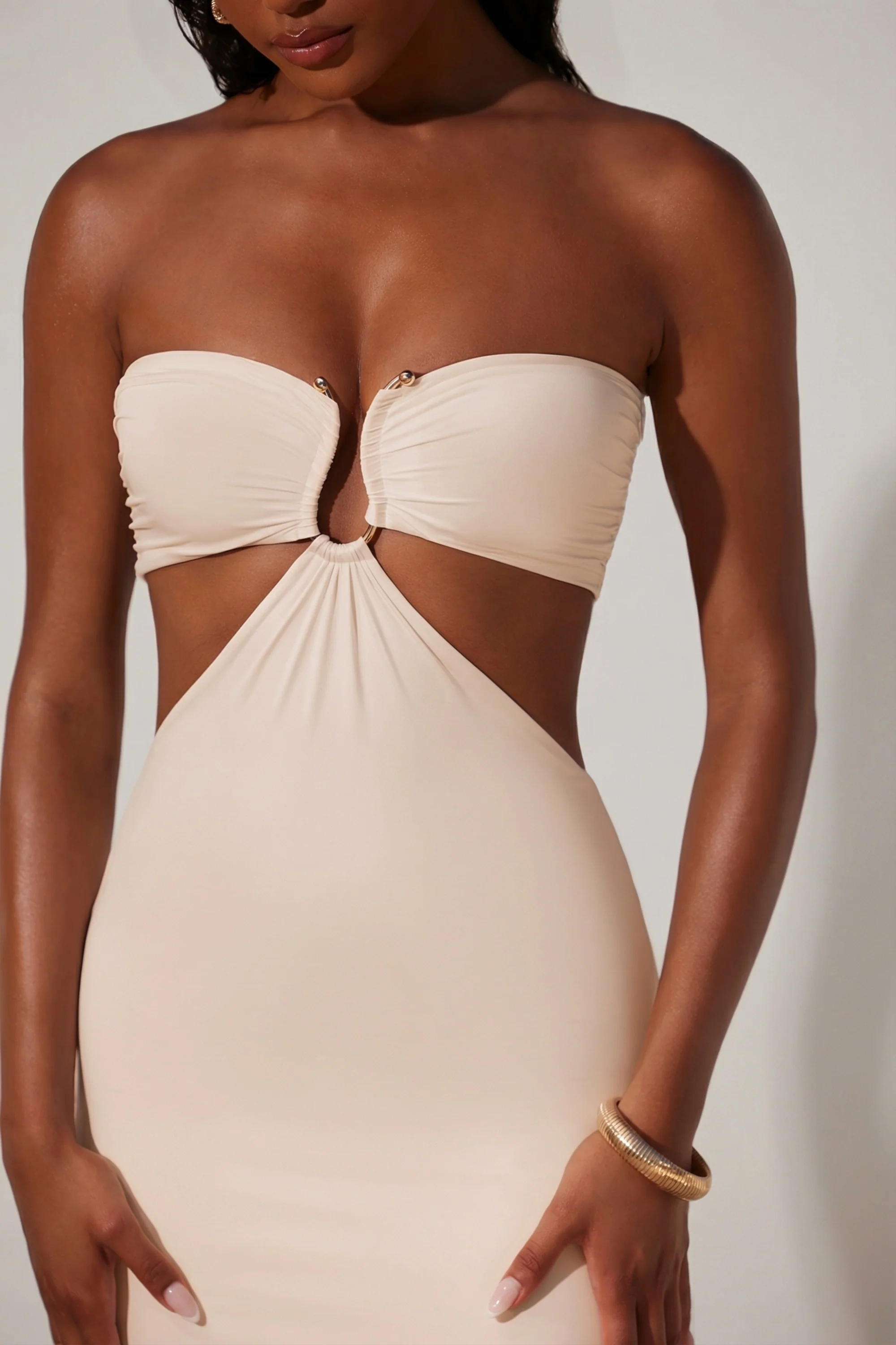Ruched Hardware Detail Bandeau Floor Length Dress in Ivory - Image 4