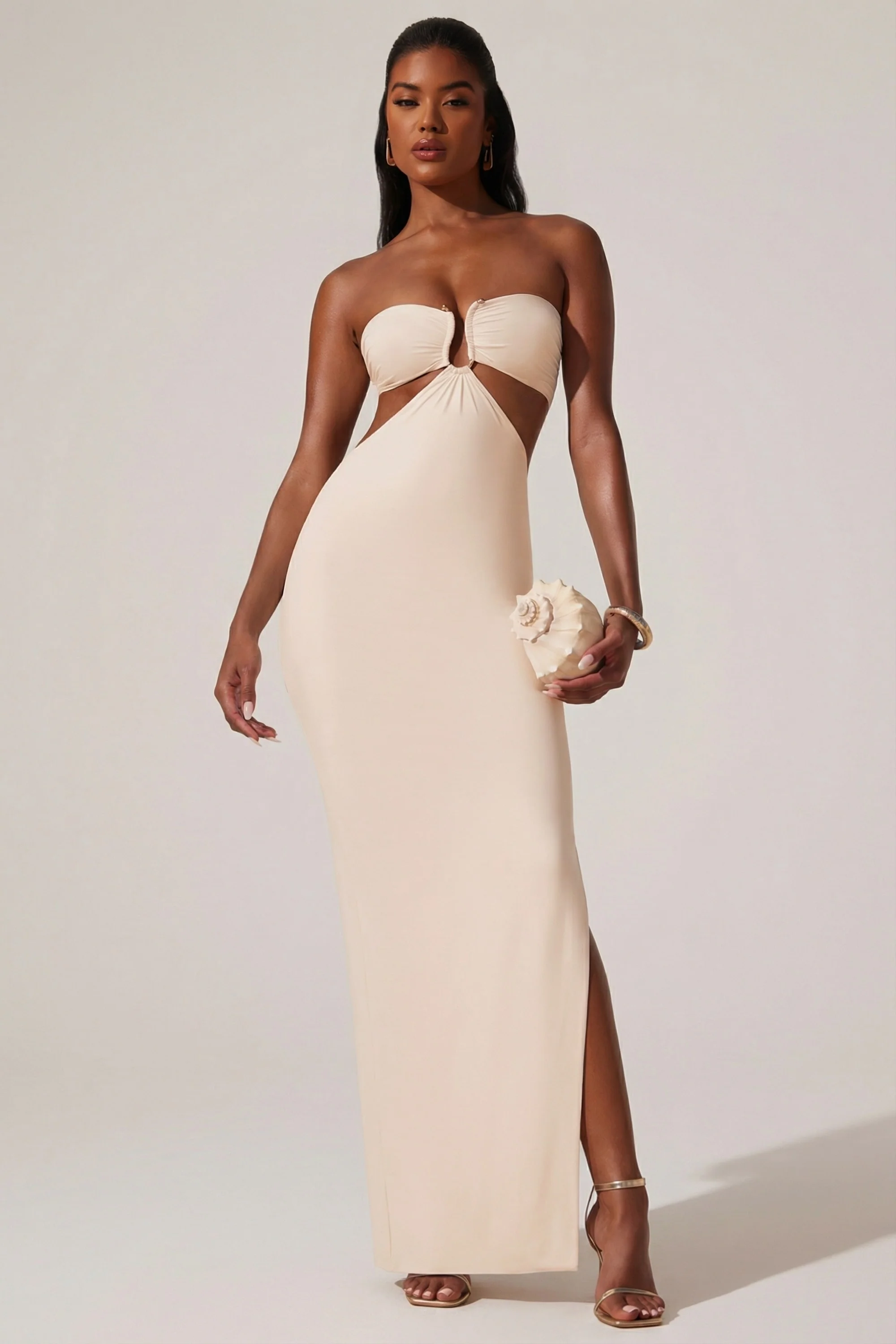 Ruched Hardware Detail Bandeau Floor Length Dress in Ivory - Image 9