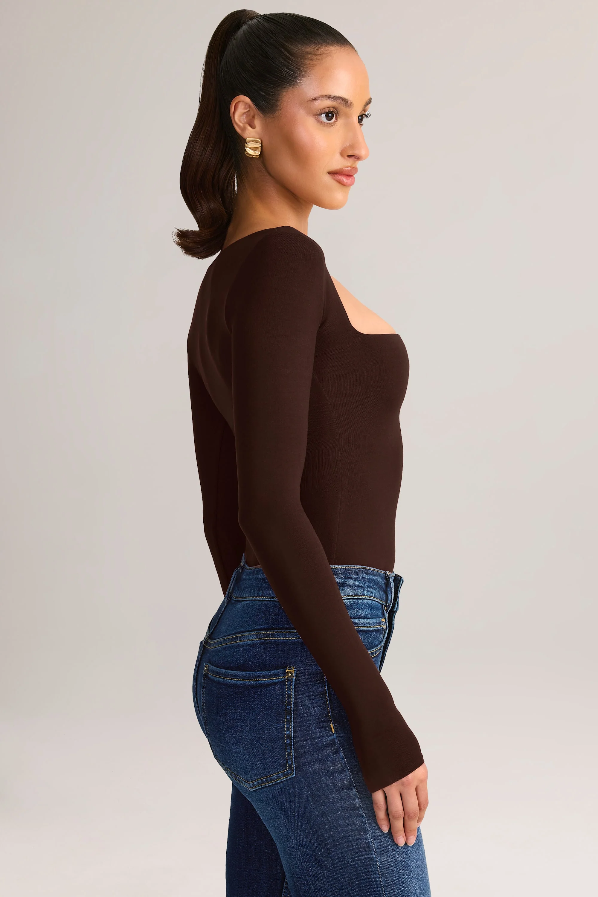 Modal Square-Neck Long-Sleeve Top in Chocolate Brown - Image 3