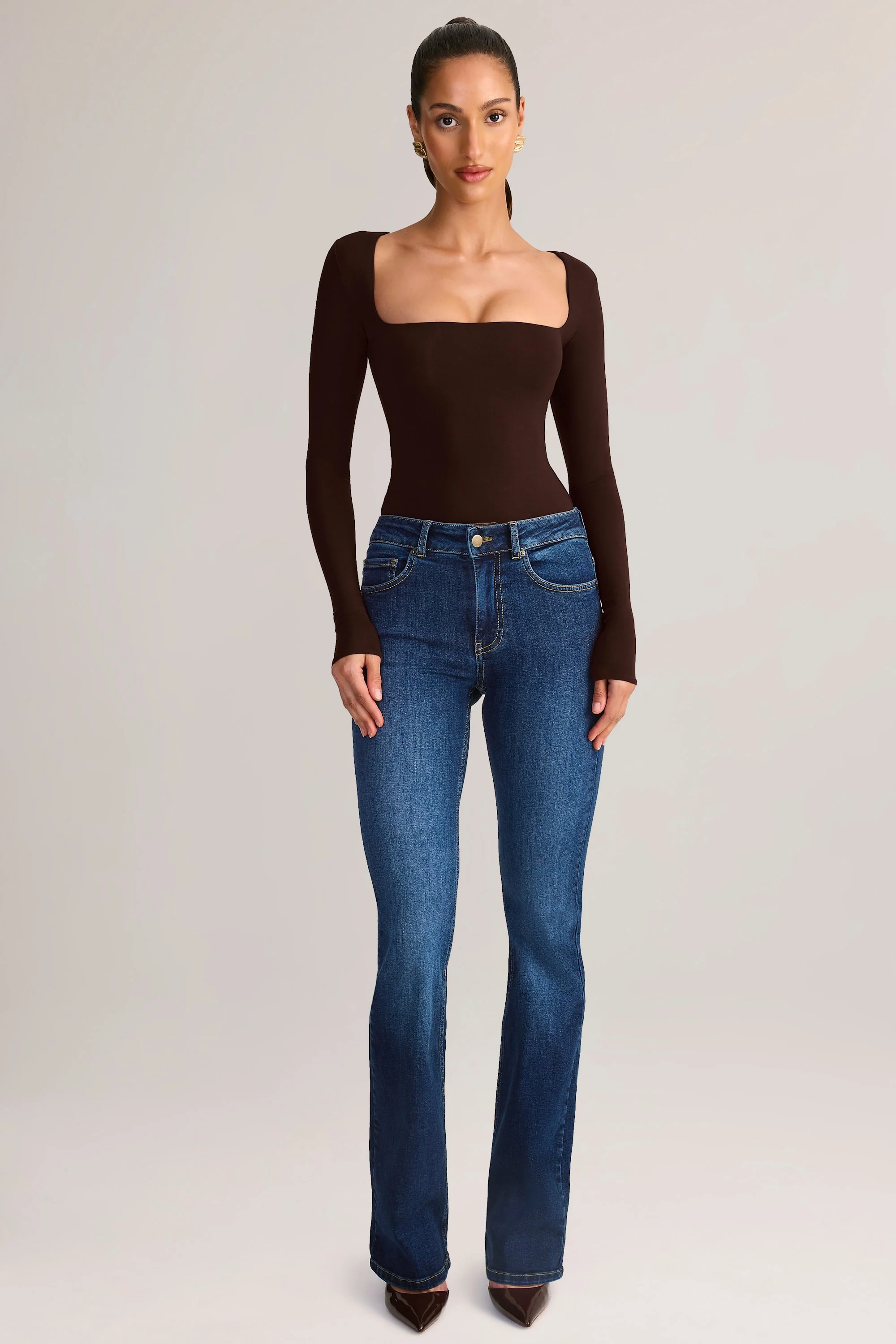 Modal Square-Neck Long-Sleeve Top in Chocolate Brown - Image 6