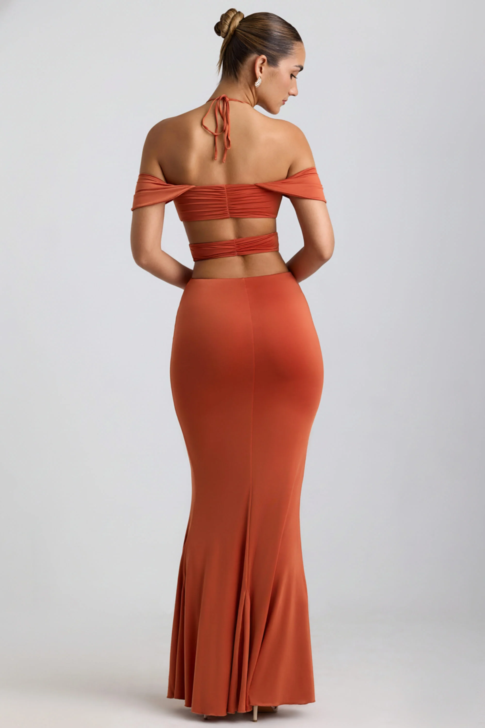 Slinky Jersey Cut-Out Halterneck Gown in Burnt Orange - Image 2