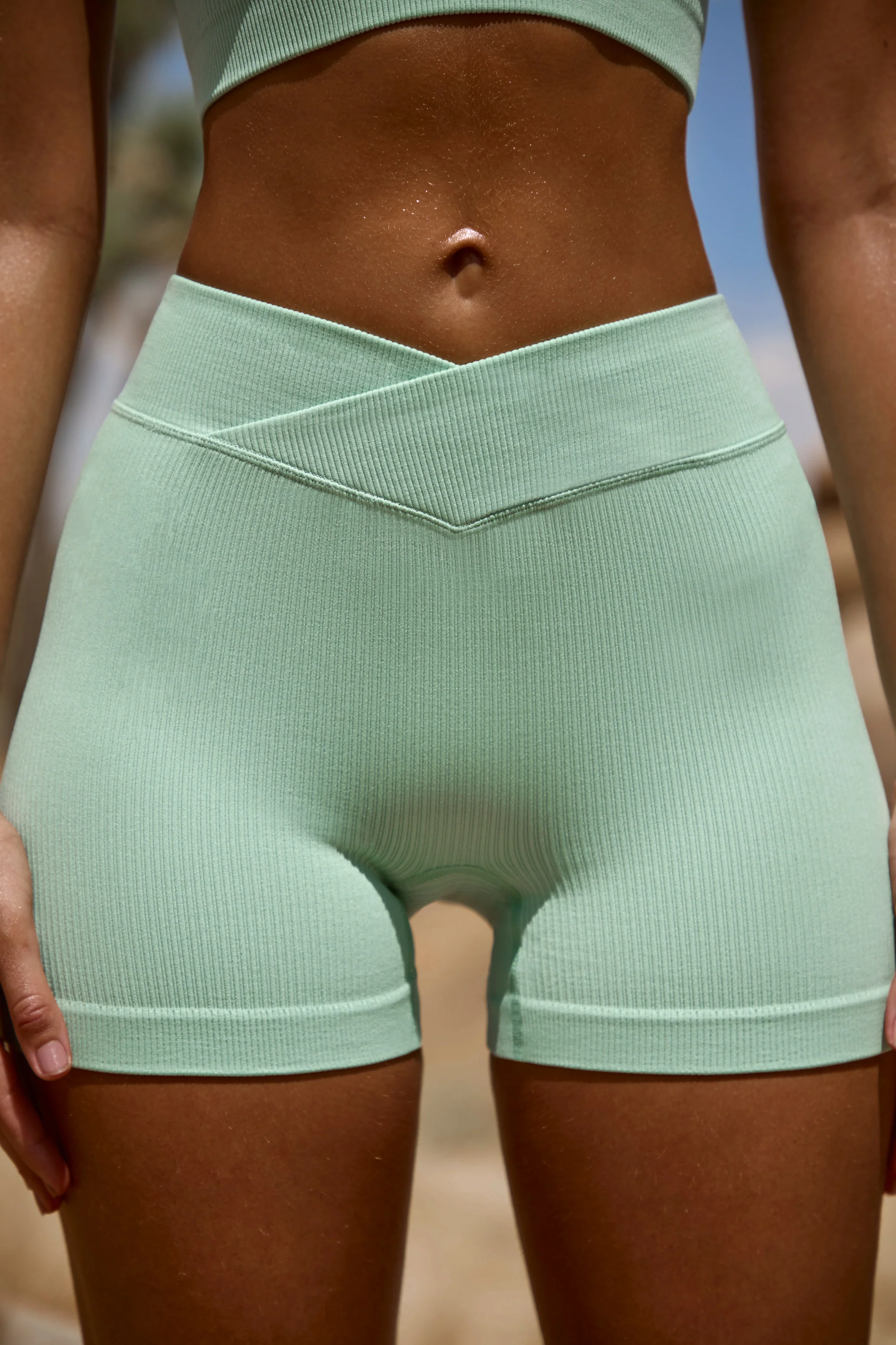 High Waist FlexiRib Mini Shorts in Green - Image 4