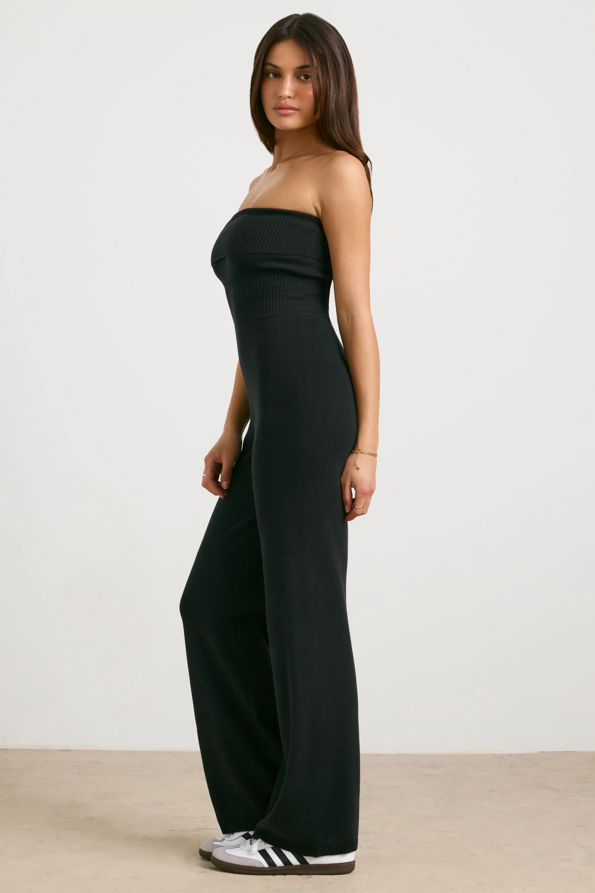Chunky Knit Bandeau Kick Flare Jumpsuit in Black - Image 3