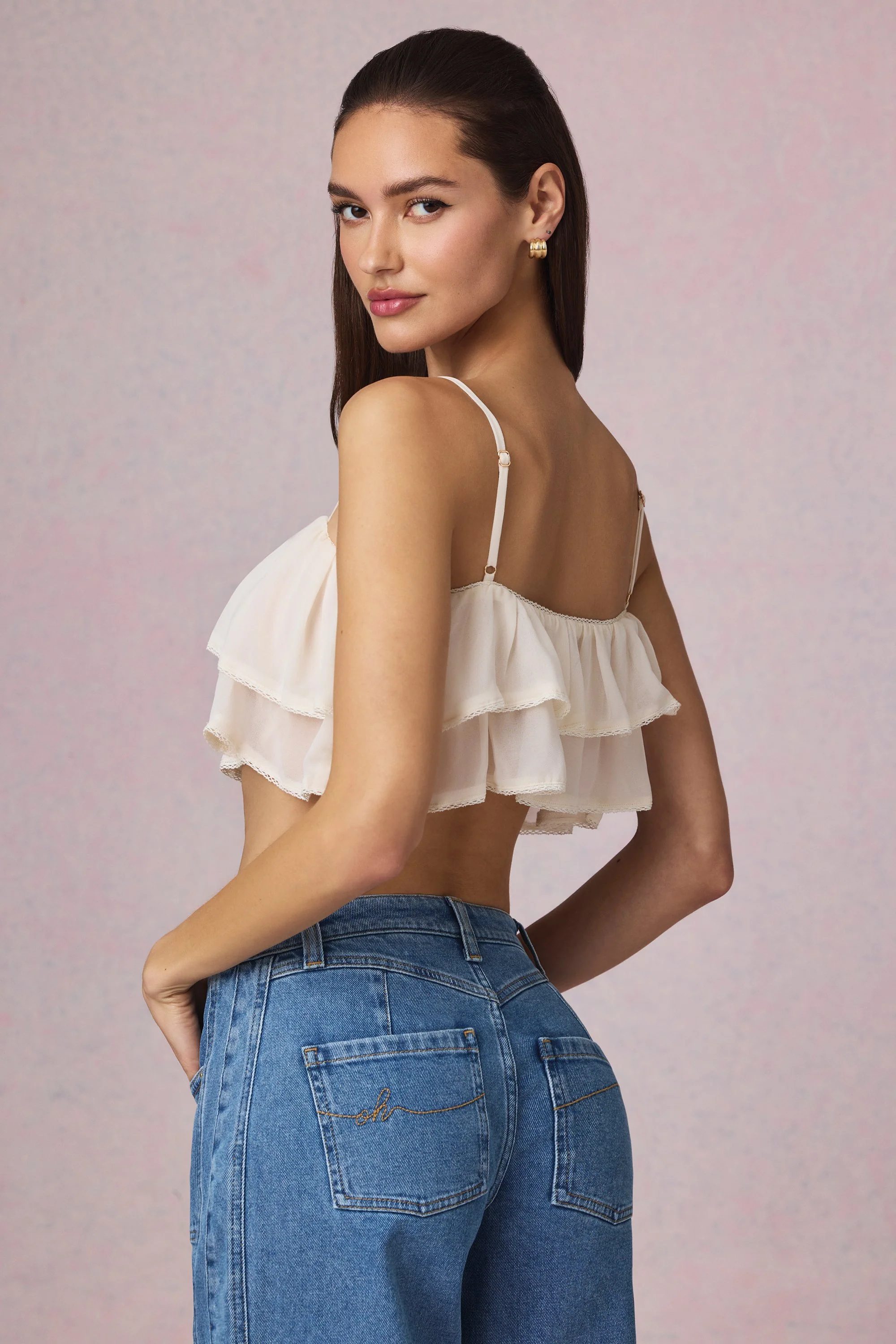 Ruffled Cropped Camisole Top in Ivory - Image 2