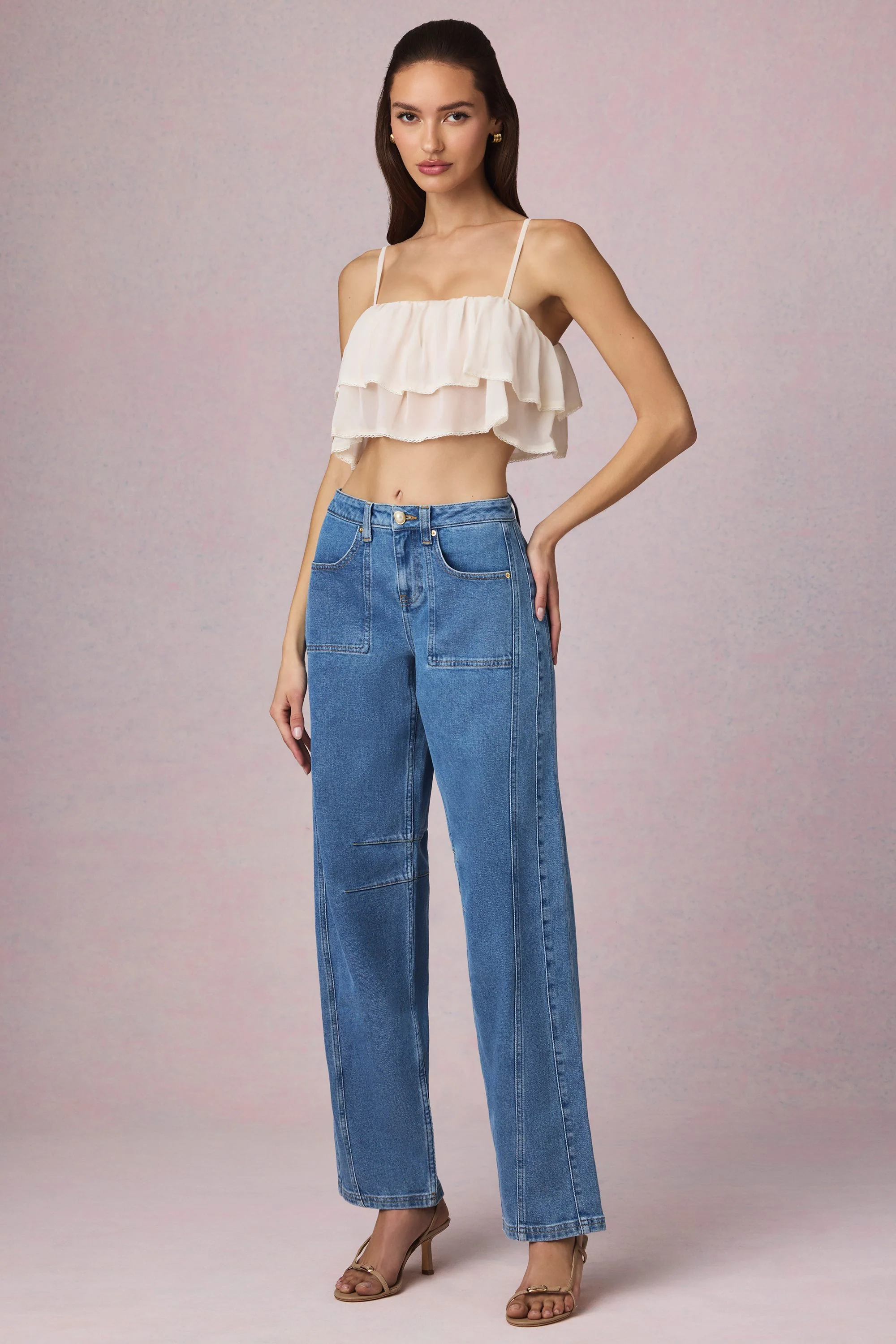 Ruffled Cropped Camisole Top in Ivory - Image 8