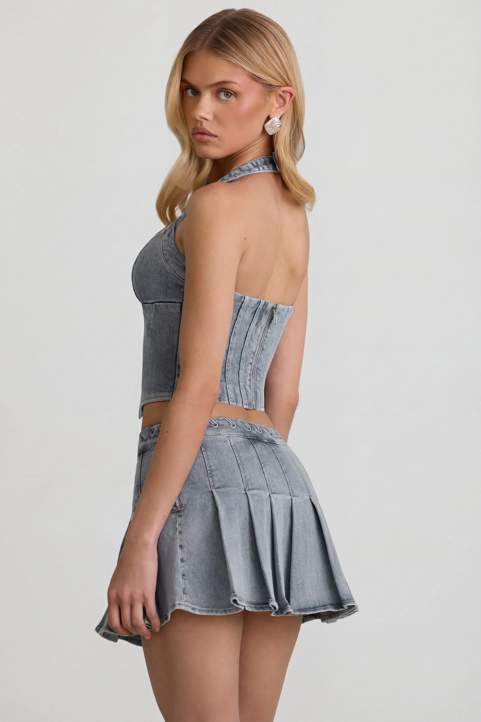 Low-Rise Pleated Mini Skirt in Light Blue - Image 2