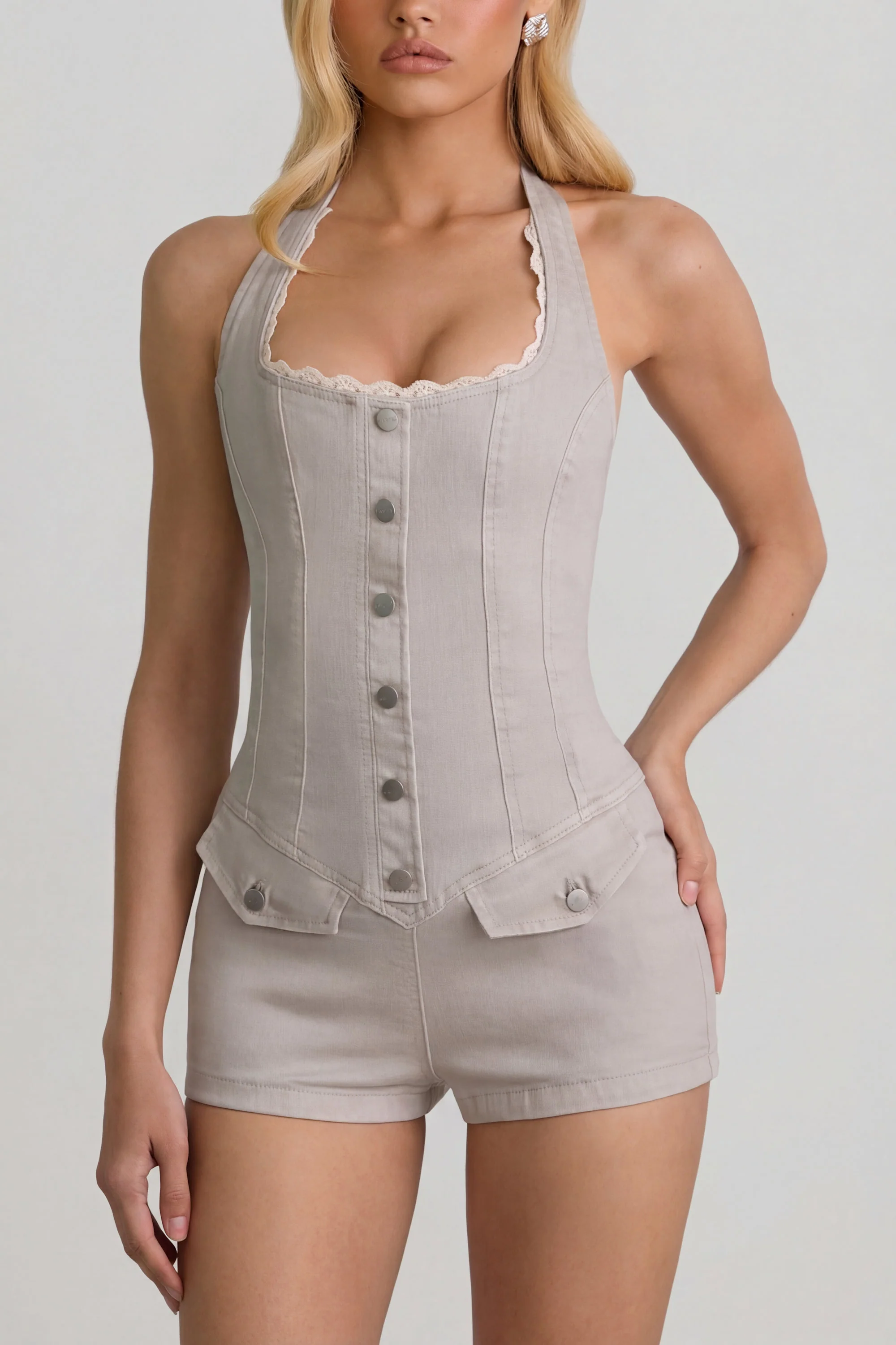 Button-Down Halterneck Playsuit in Ecru - Image 4