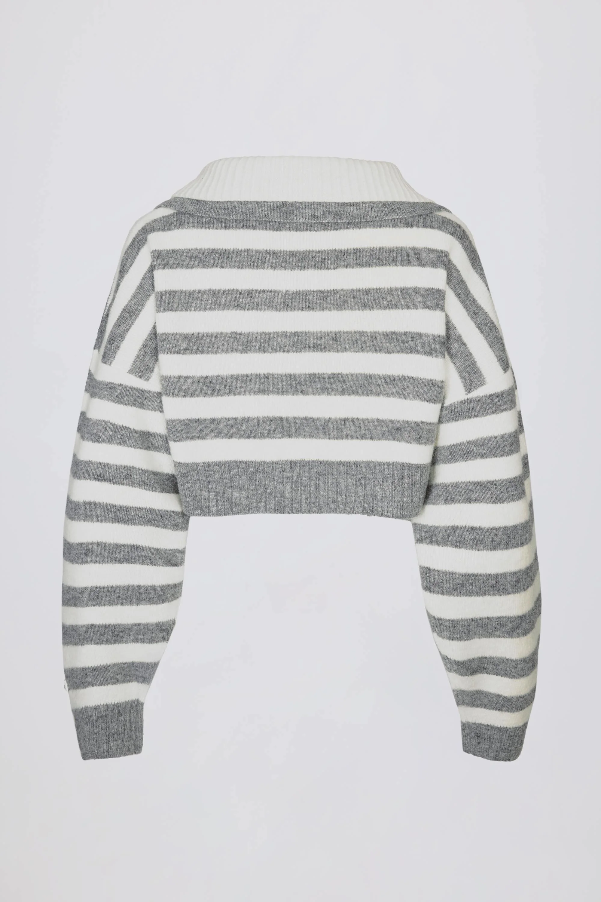 Soft Knit Layered Collar Cropped Jumper in Grey Stripe - Image 4