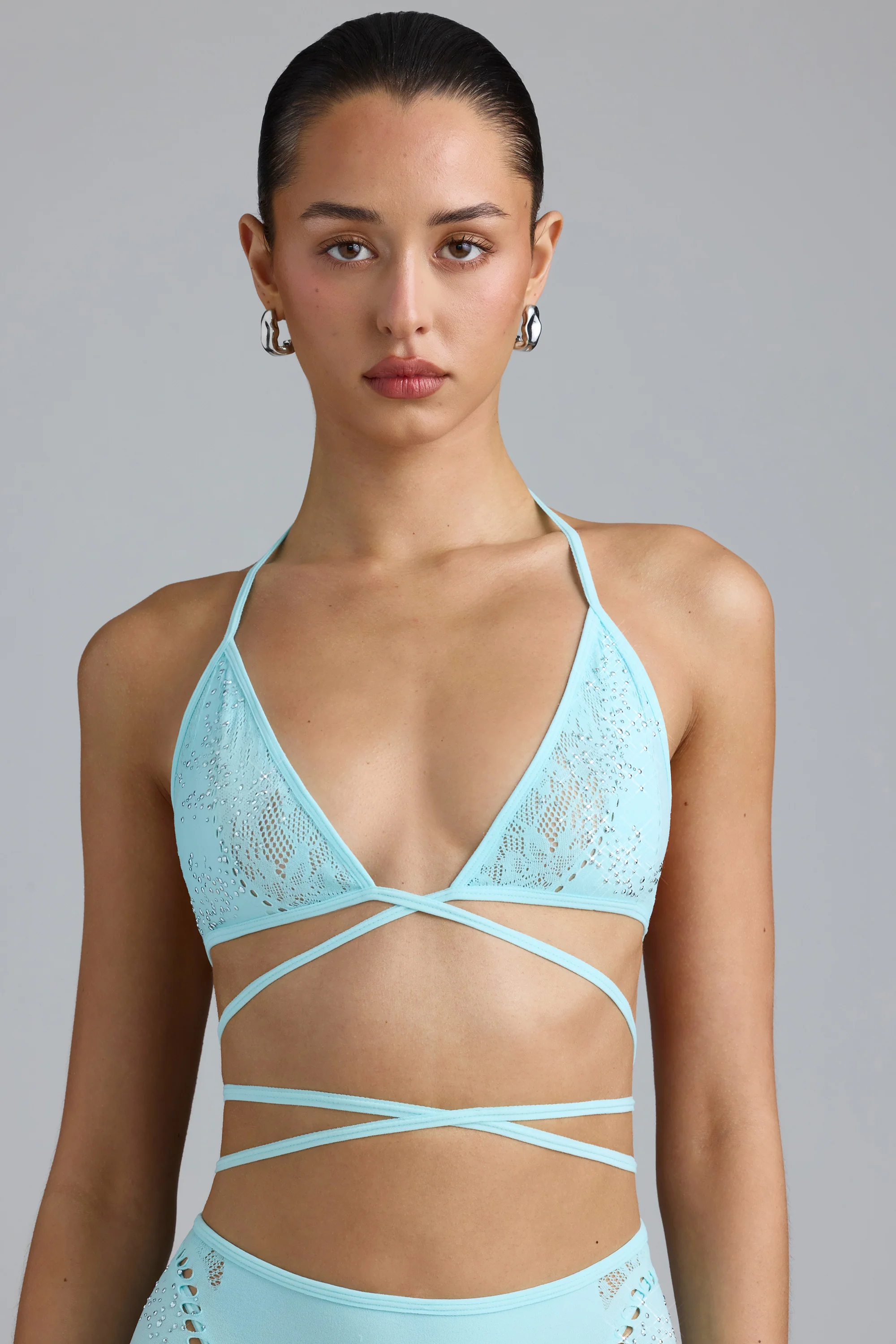 Embellished Cross-Strap Bikini Top in Ice Blue - Image 6