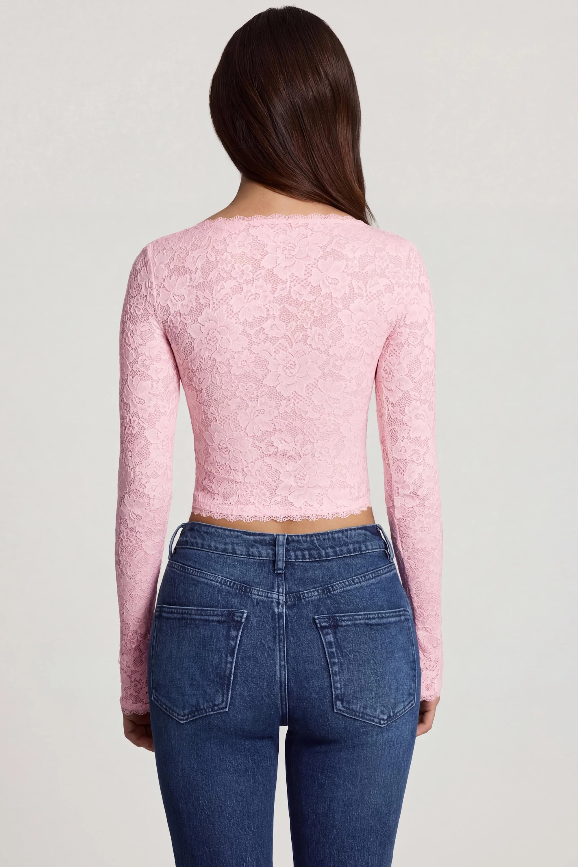 Sheer Lace Plunge-Neck Long-Sleeve Top in Pink - Image 2