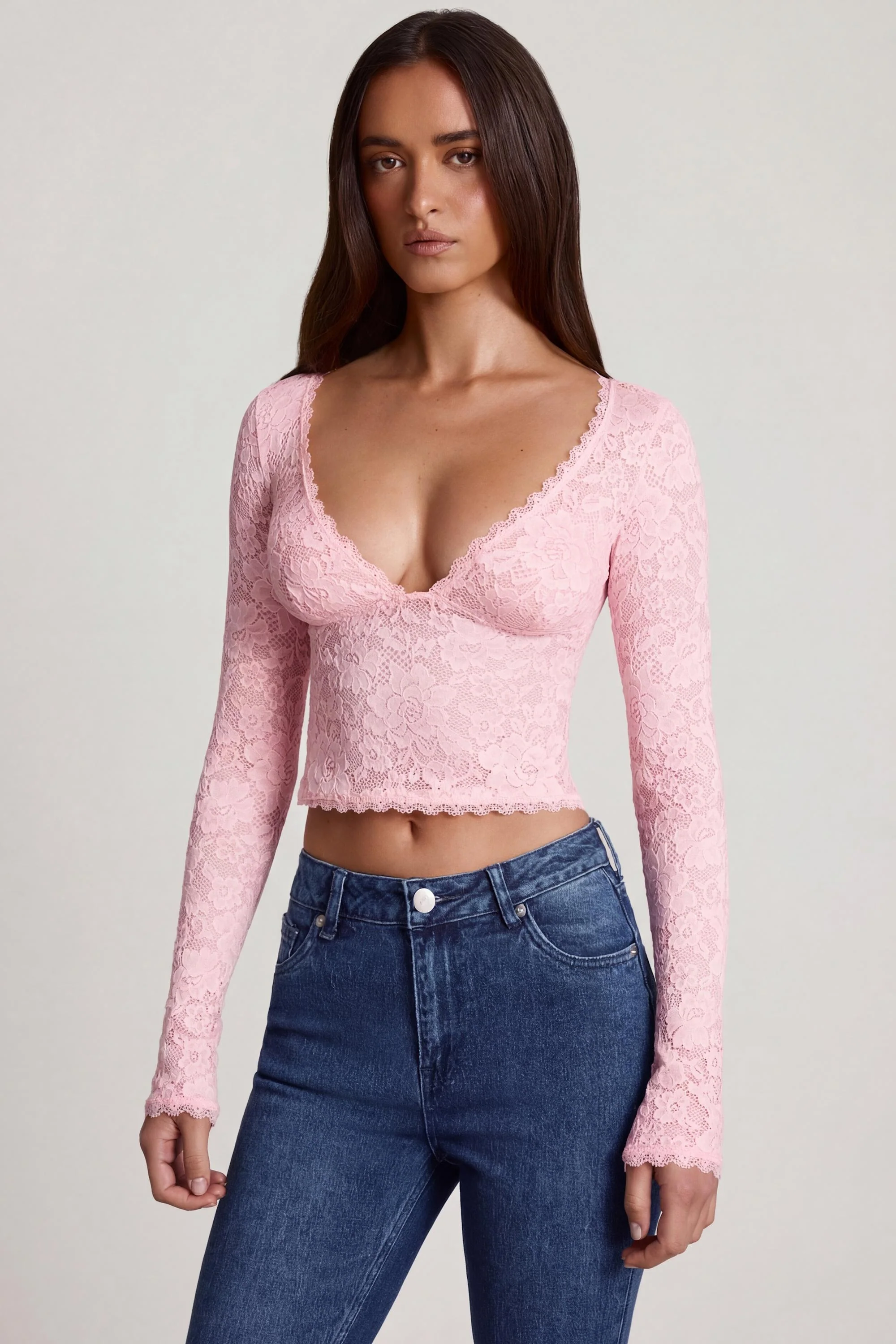 Sheer Lace Plunge-Neck Long-Sleeve Top in Pink - Image 5
