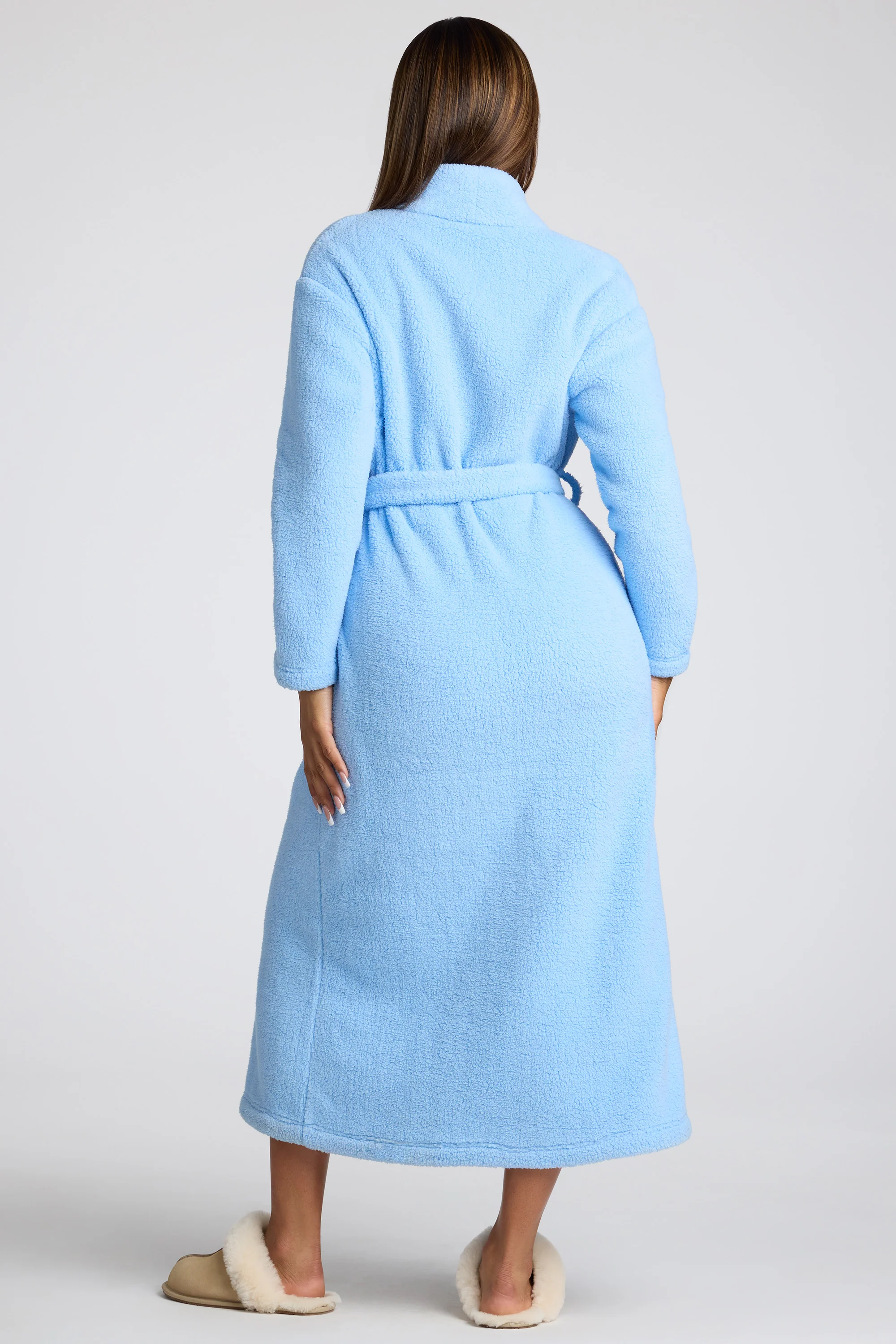 Tie Front Fleece Robe in Baby Blue - Image 2