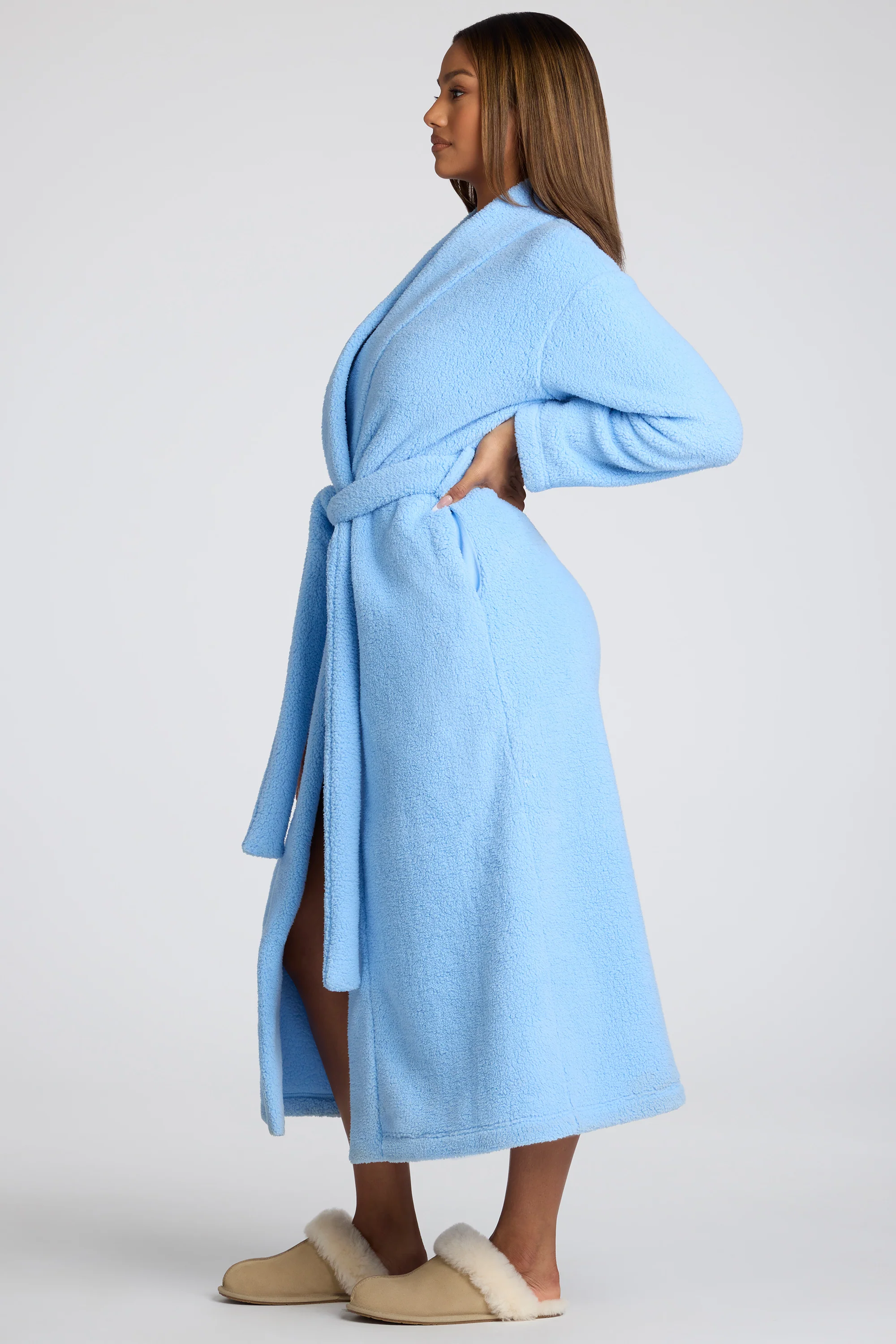 Tie Front Fleece Robe in Baby Blue - Image 3