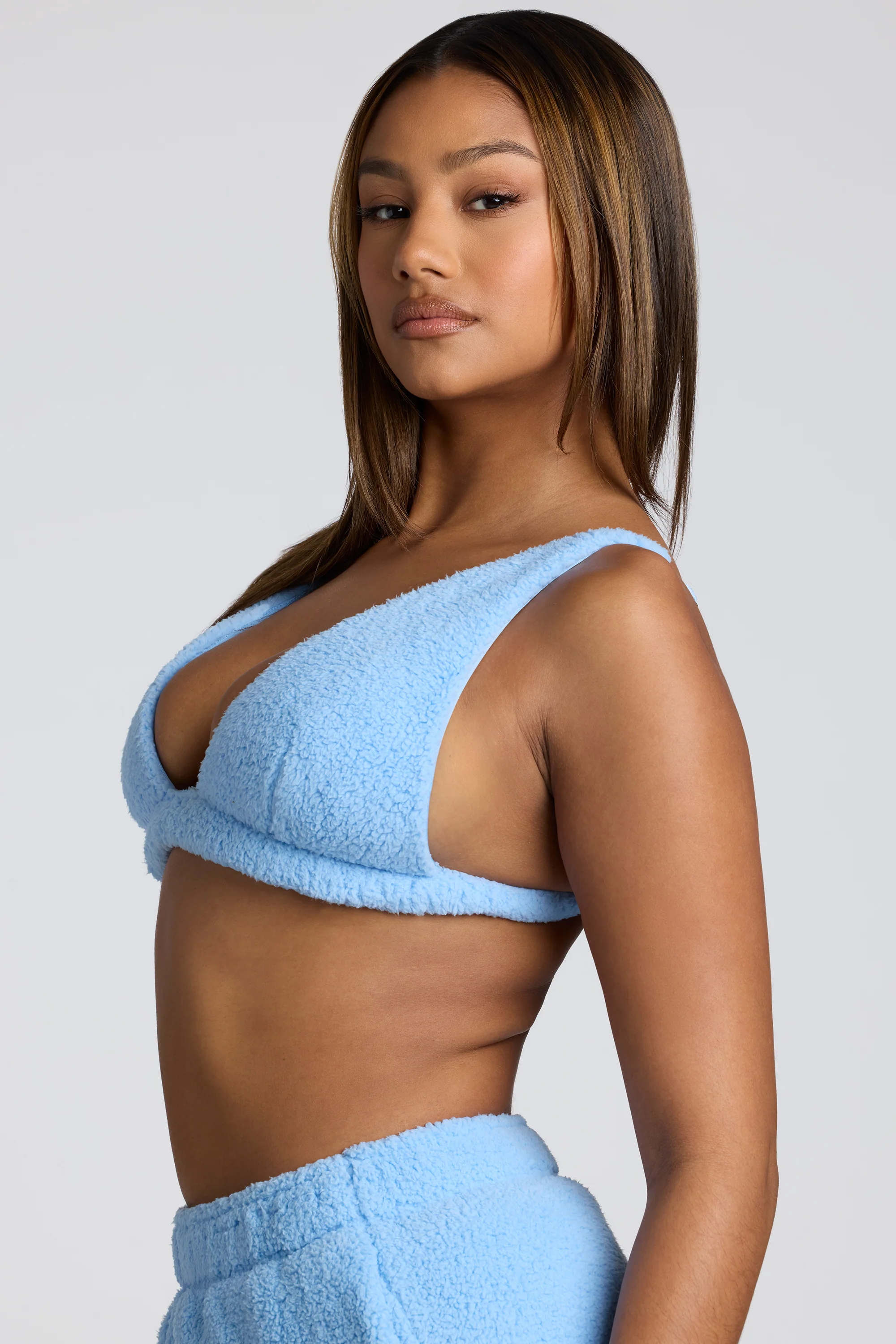 V Neck Fleece Bralette in Baby Blue - Image 3