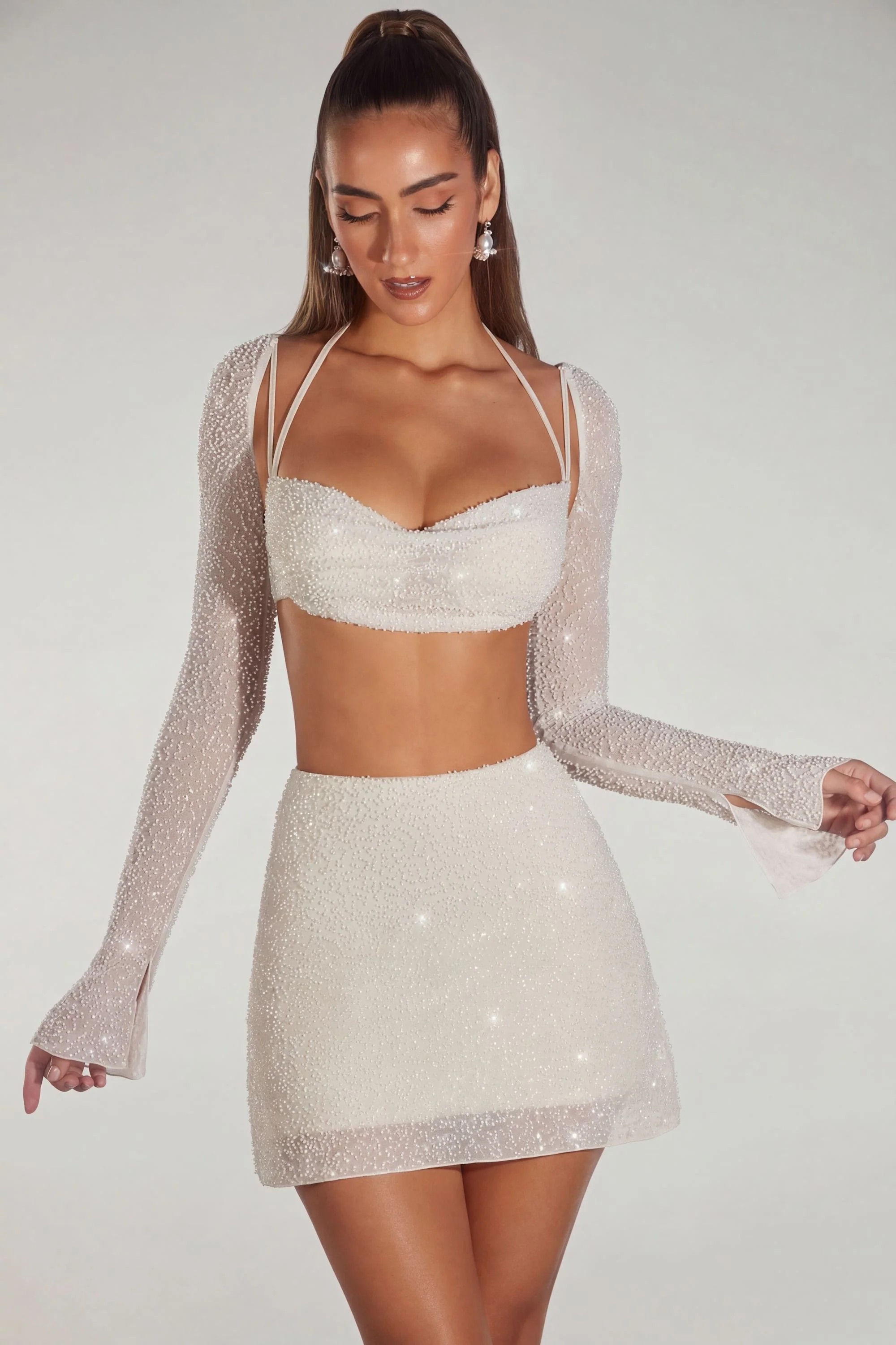 Embellished Long Sleeve Crop Top in Ivory - Image 6