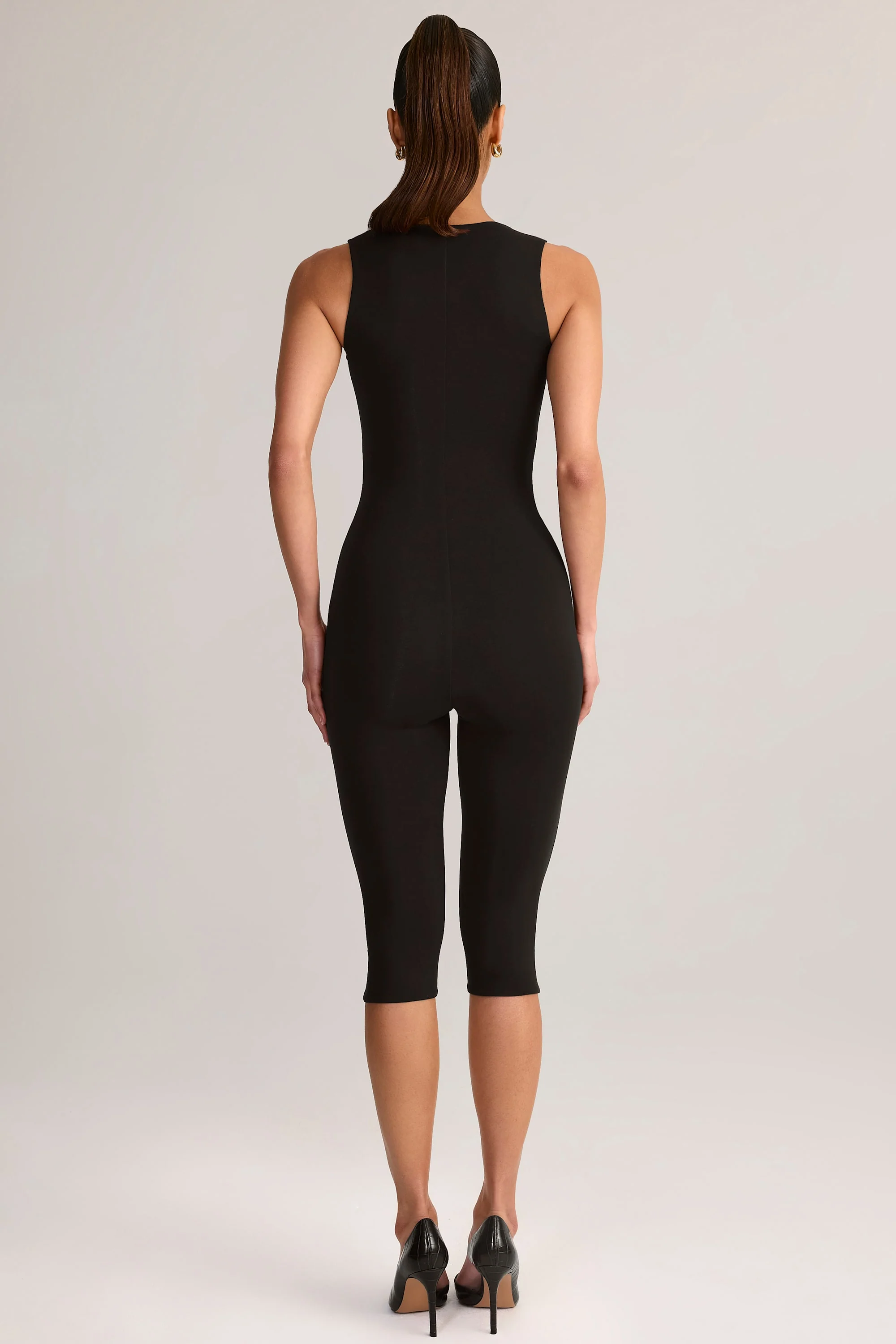 Modal Square-Neck Bodycon Capri Jumpsuit in Black - Image 2