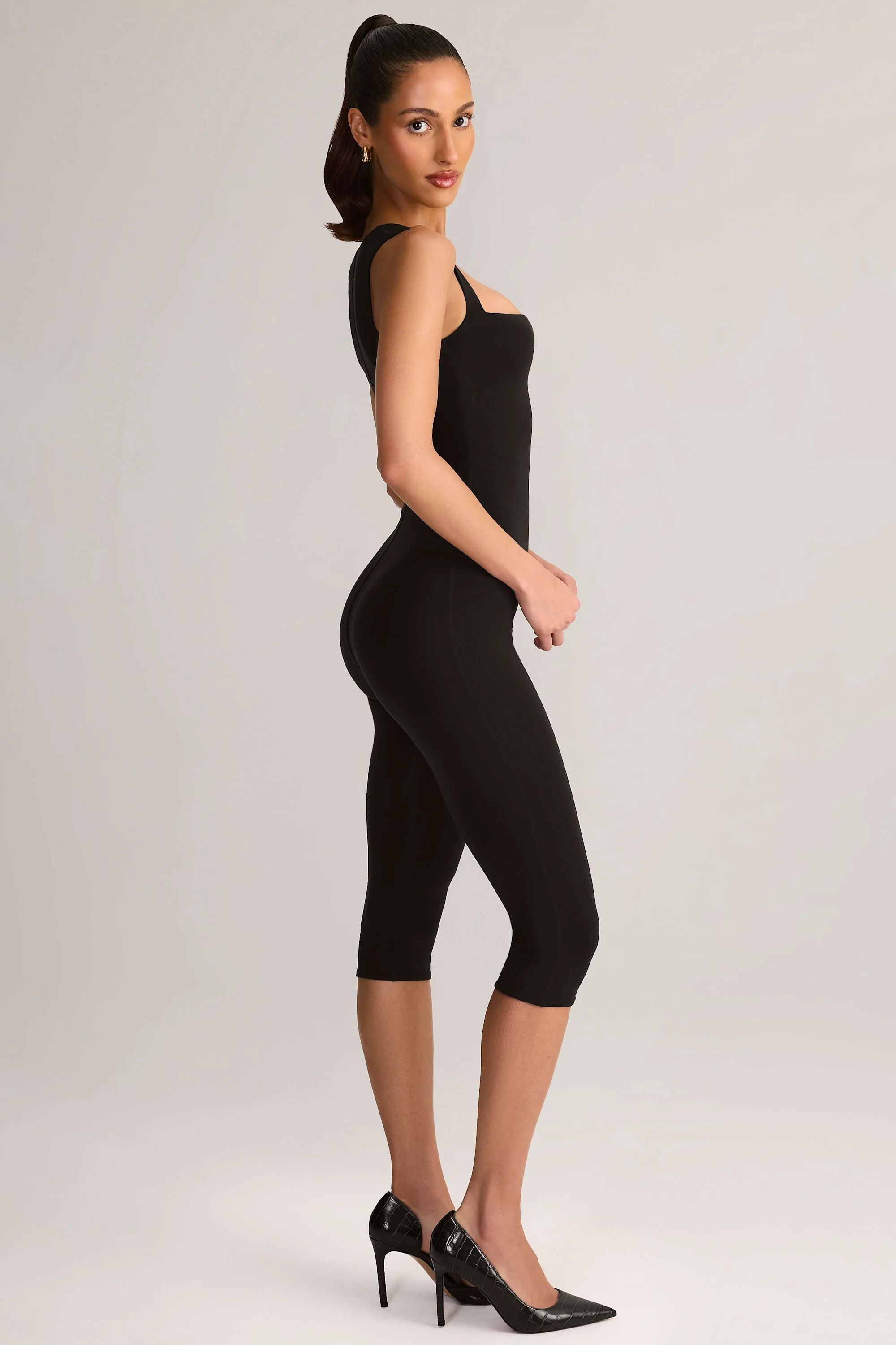 Modal Square-Neck Bodycon Capri Jumpsuit in Black - Image 3