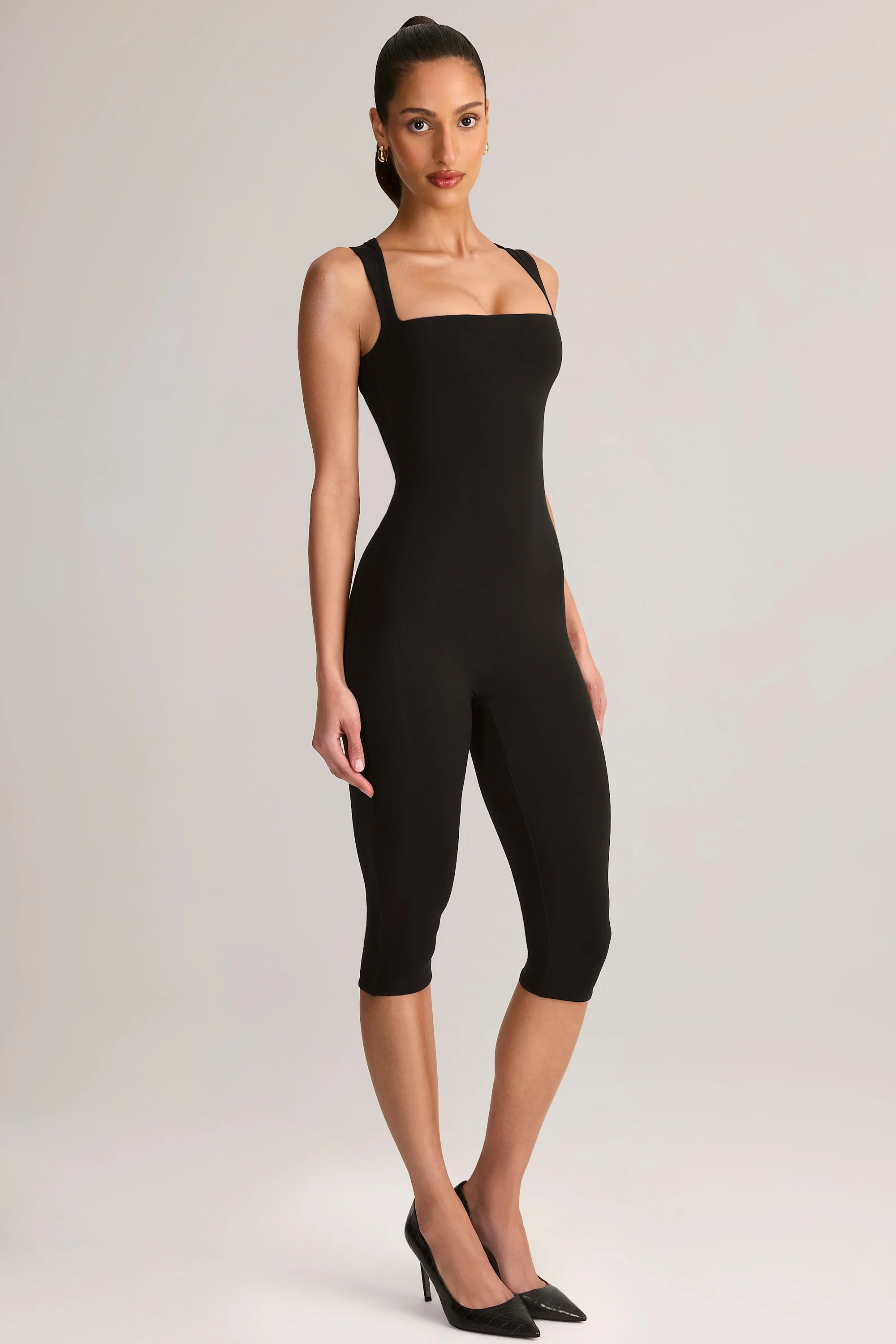 Modal Square-Neck Bodycon Capri Jumpsuit in Black - Image 7