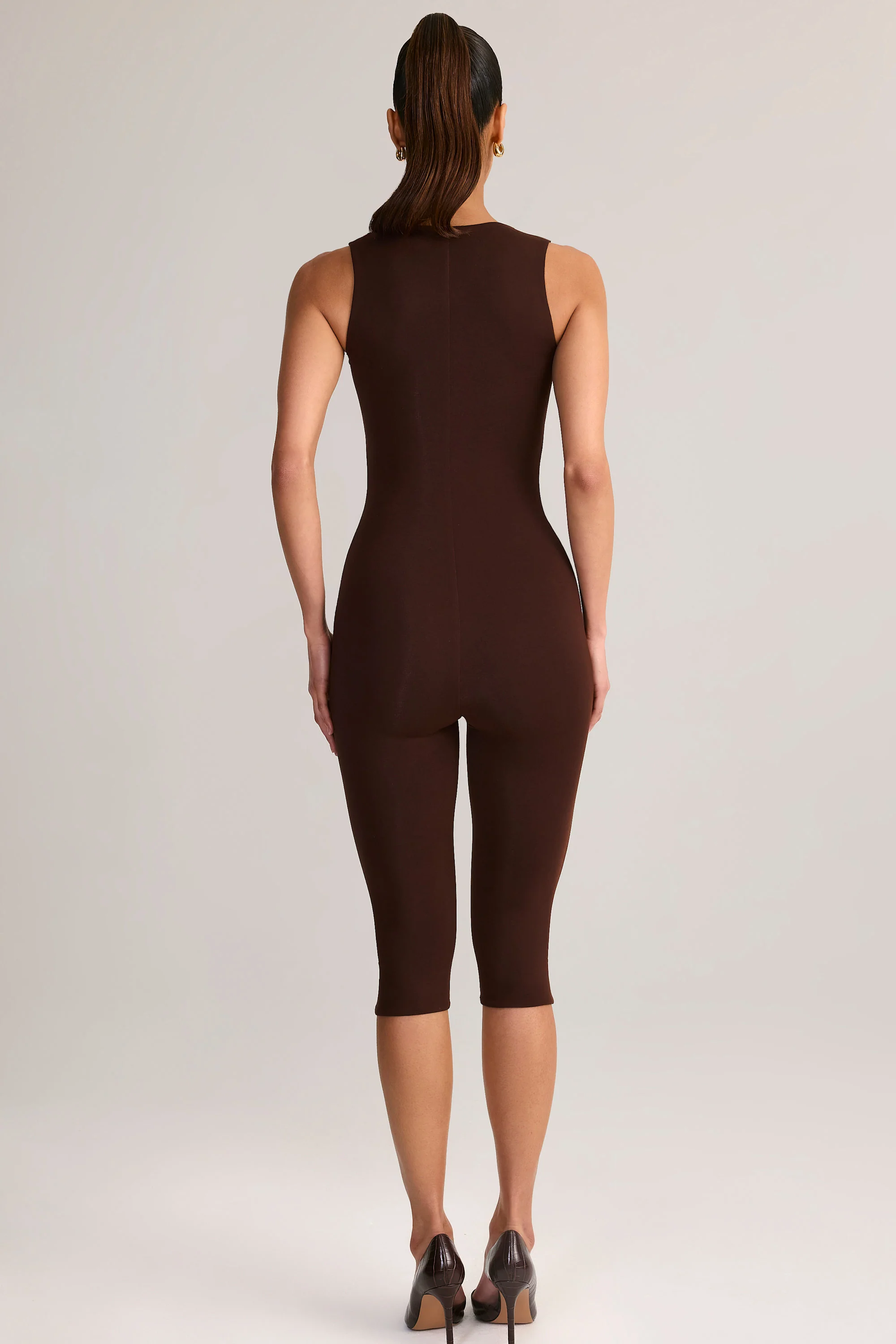 Modal Square-Neck Bodycon Capri Jumpsuit in Chocolate Brown - Image 2