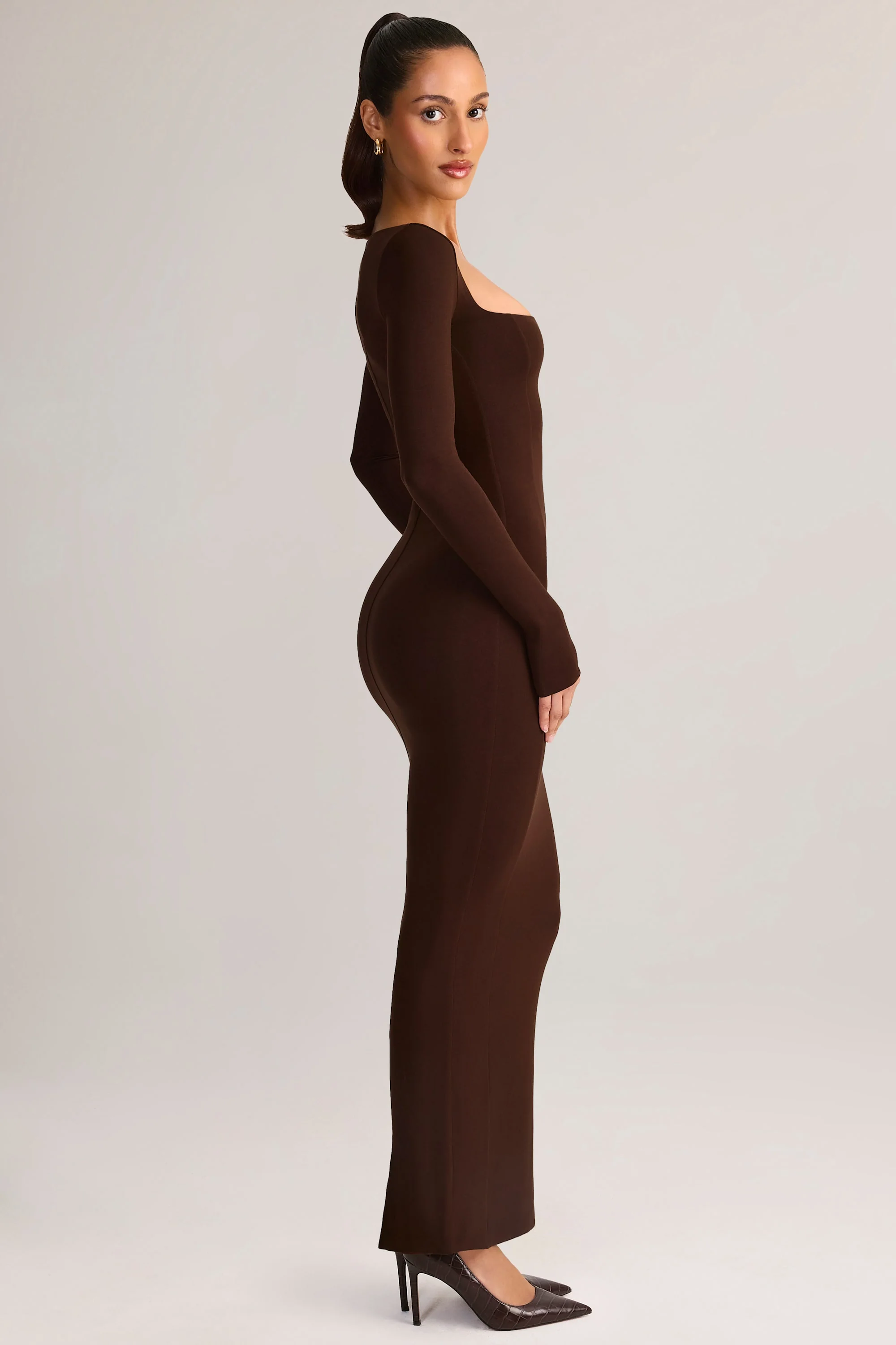 Modal Square-Neck Bodycon Maxi Dress in Chocolate Brown - Image 3