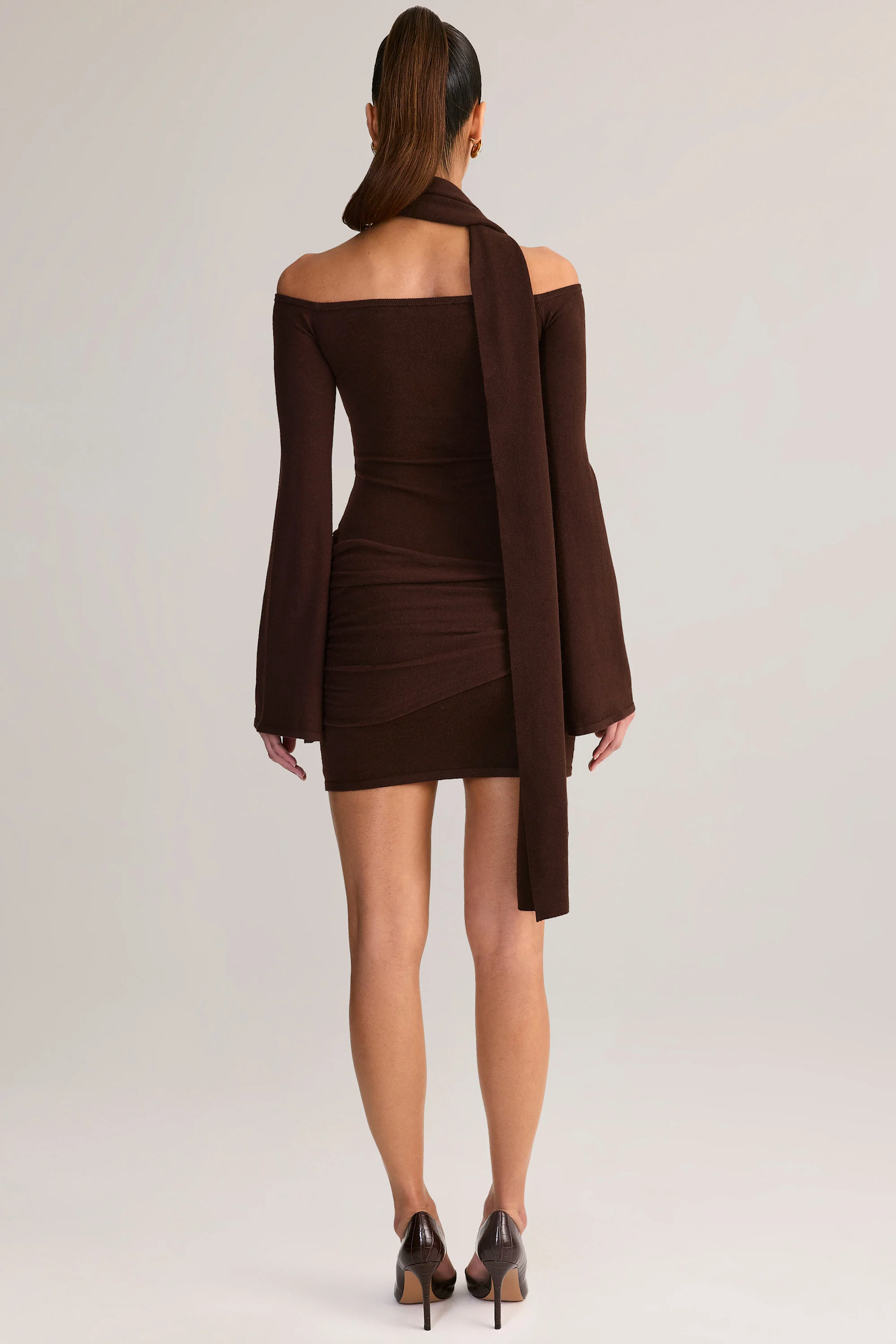 Knit Scarf-Detail Off-Shoulder Mini Dress in Chocolate Brown - Image 2