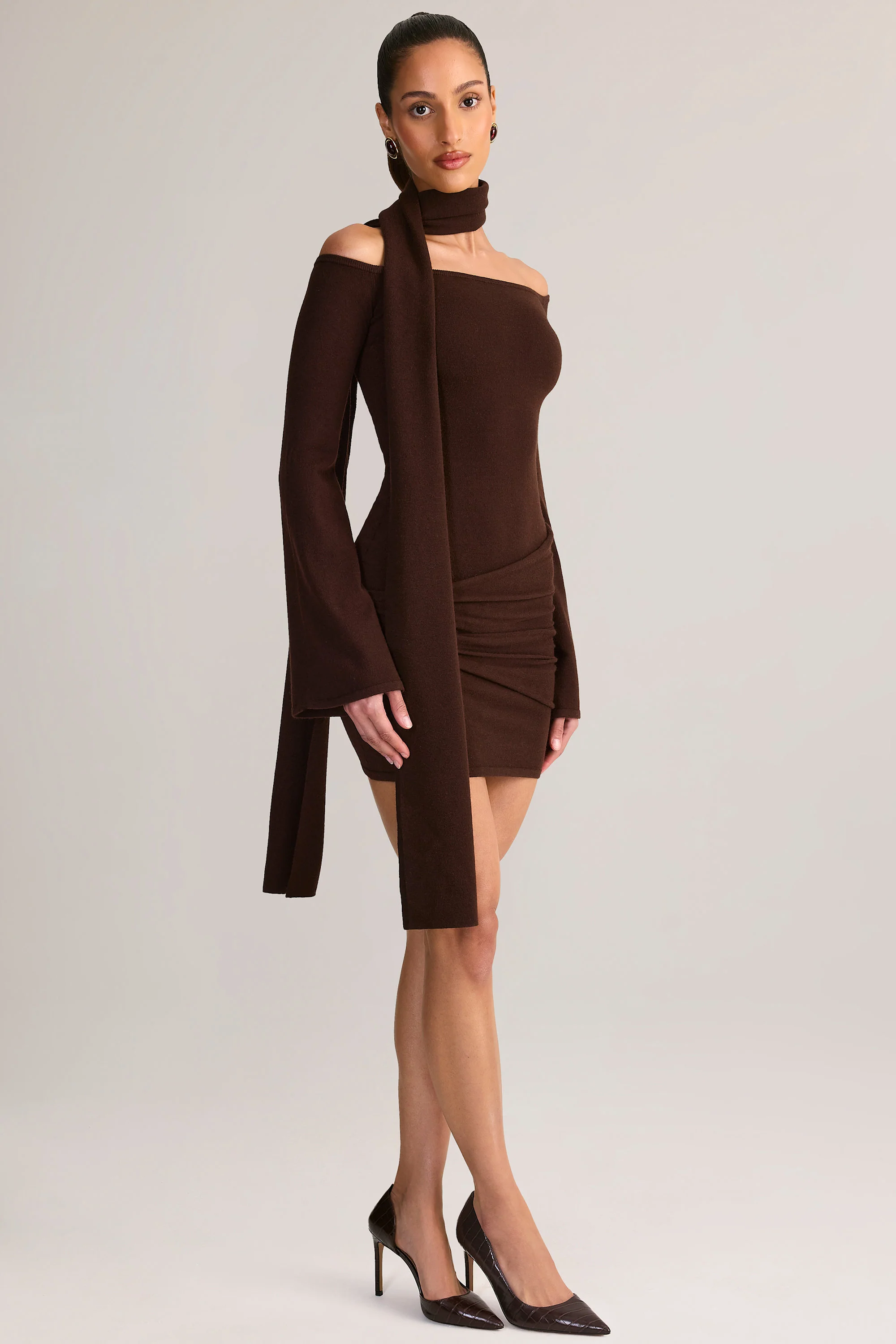 Knit Scarf-Detail Off-Shoulder Mini Dress in Chocolate Brown - Image 5