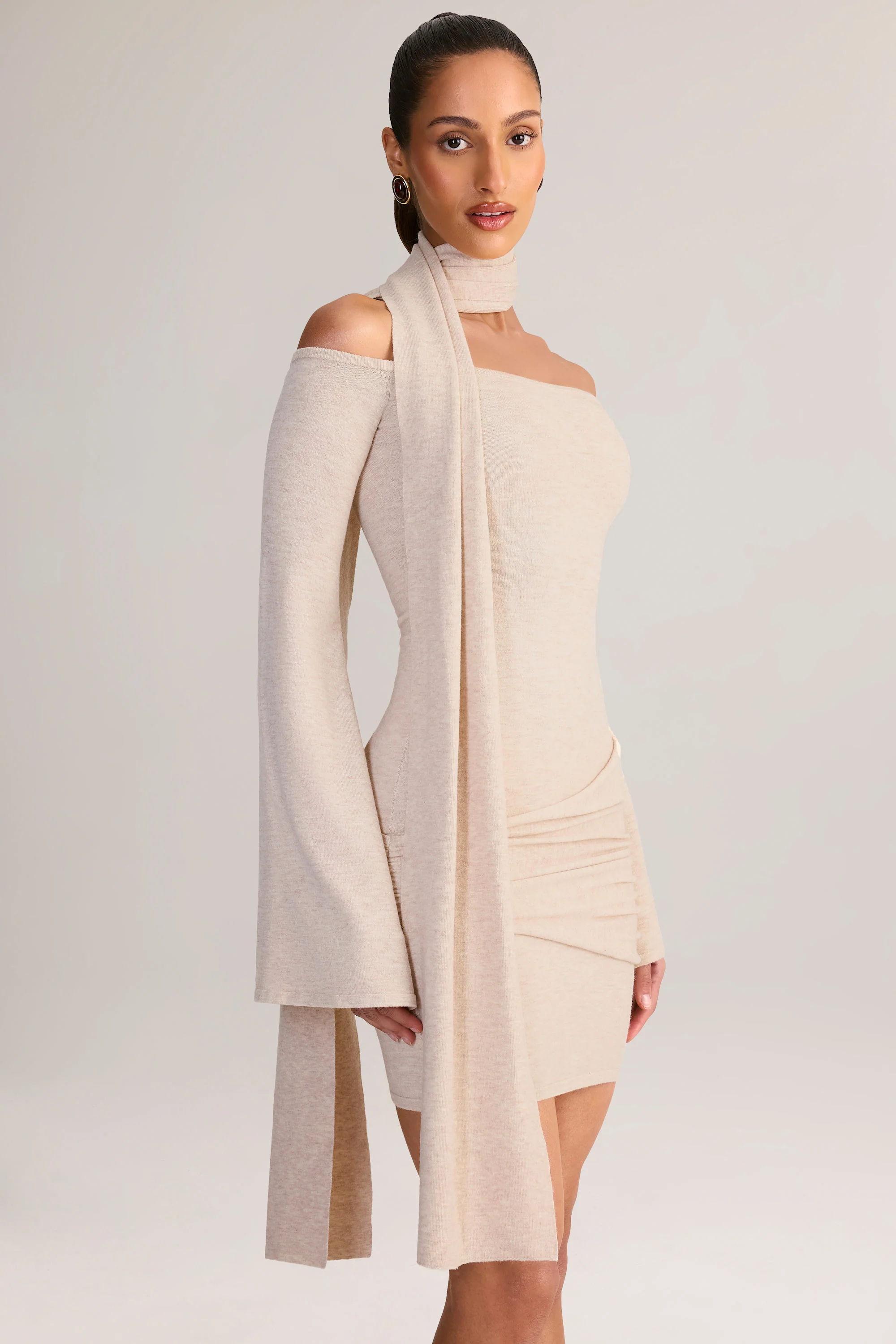 Knit Scarf-Detail Off-Shoulder Mini Dress in Cream - Image 6