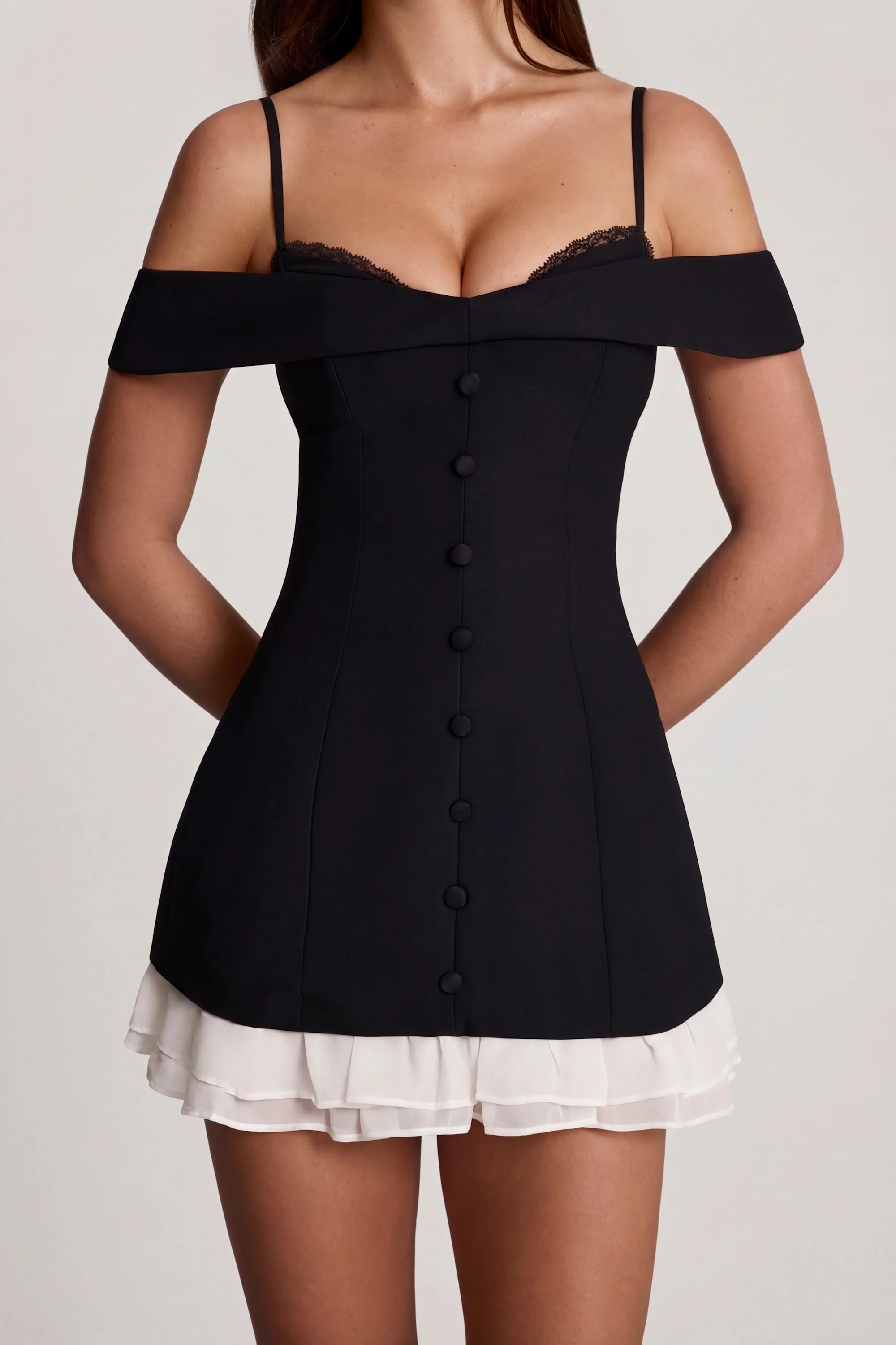 Off-Shoulder Ruffle A-Line Mini Dress in Black - Image 4