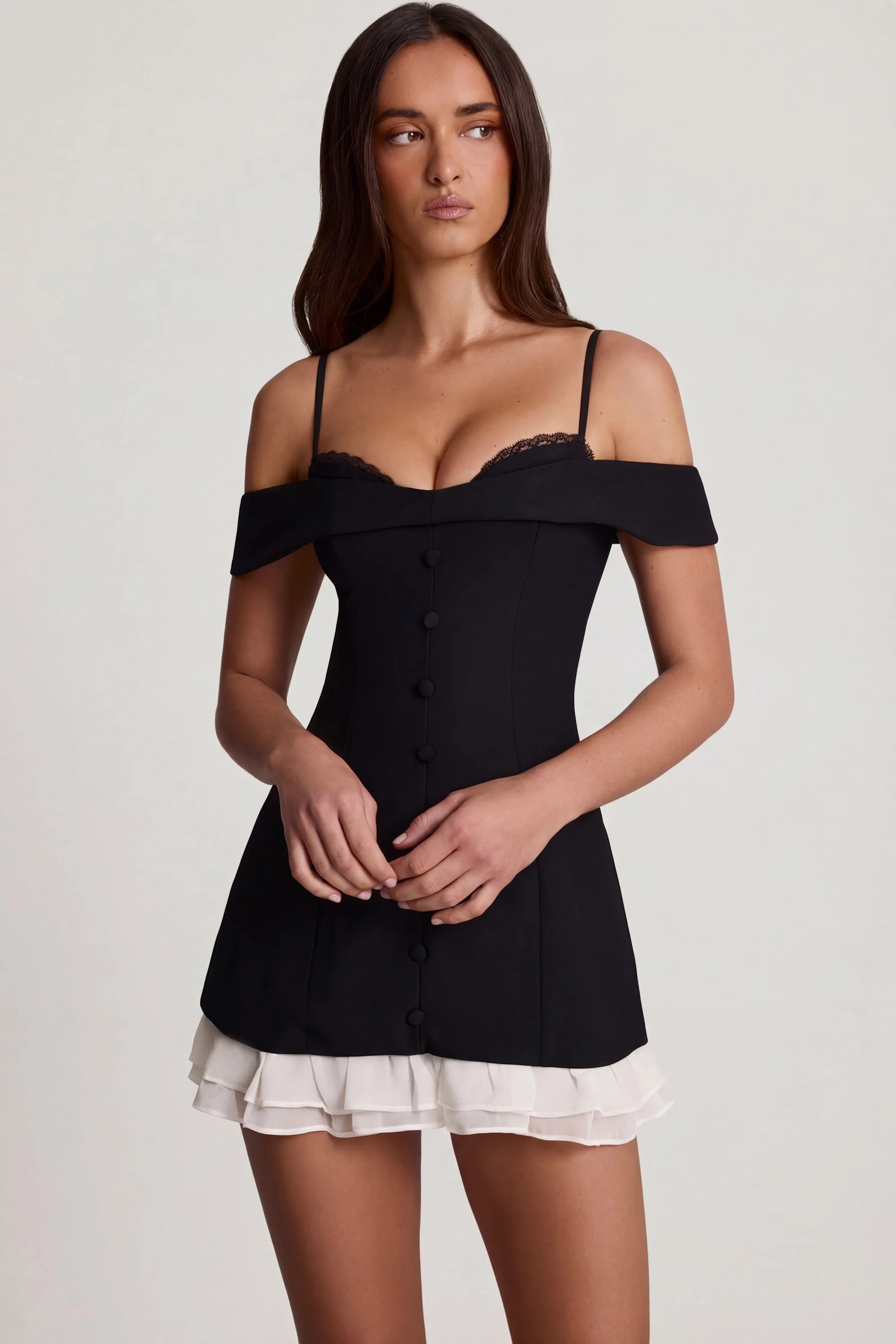 Off-Shoulder Ruffle A-Line Mini Dress in Black - Image 5