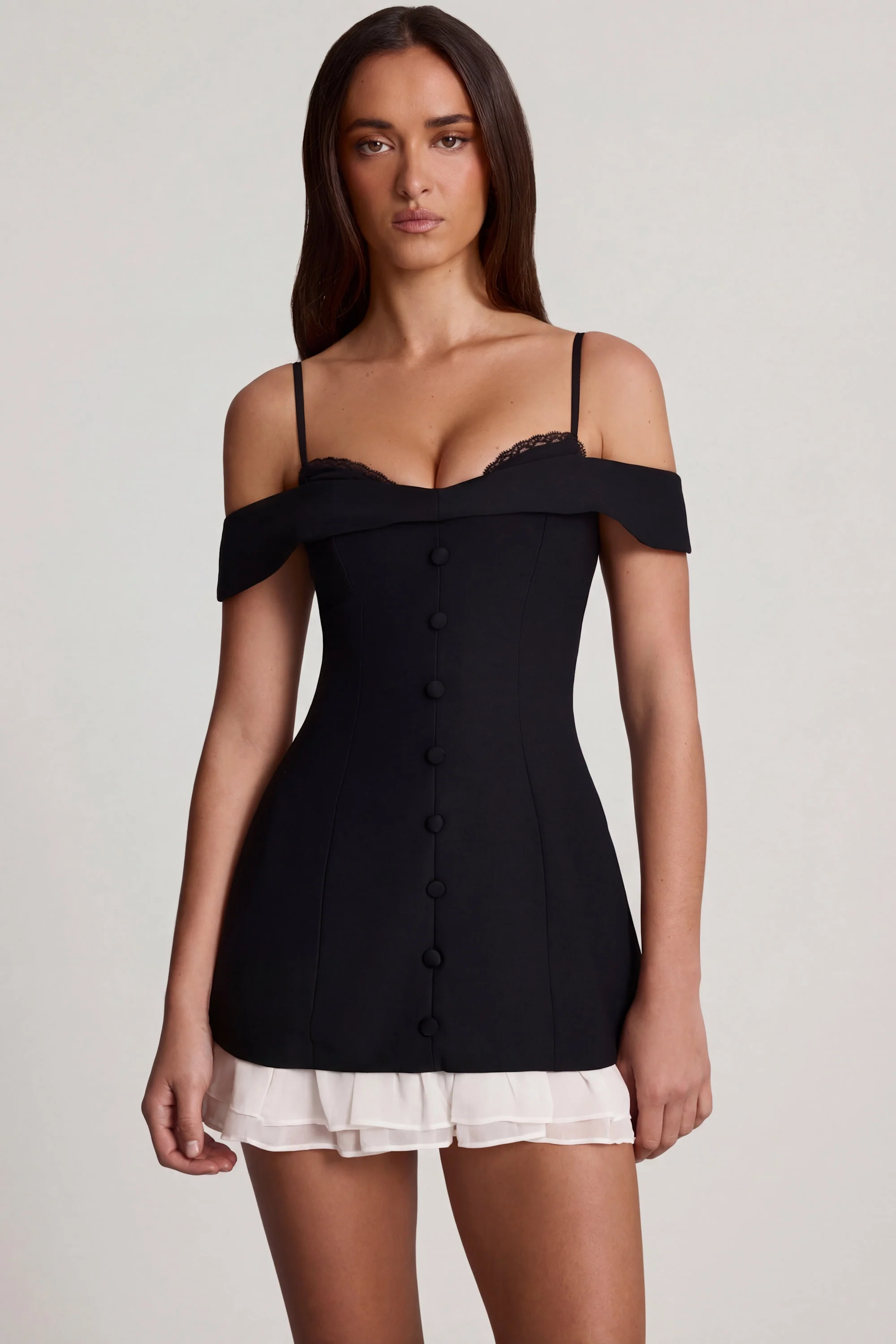 Off-Shoulder Ruffle A-Line Mini Dress in Black - Image 6