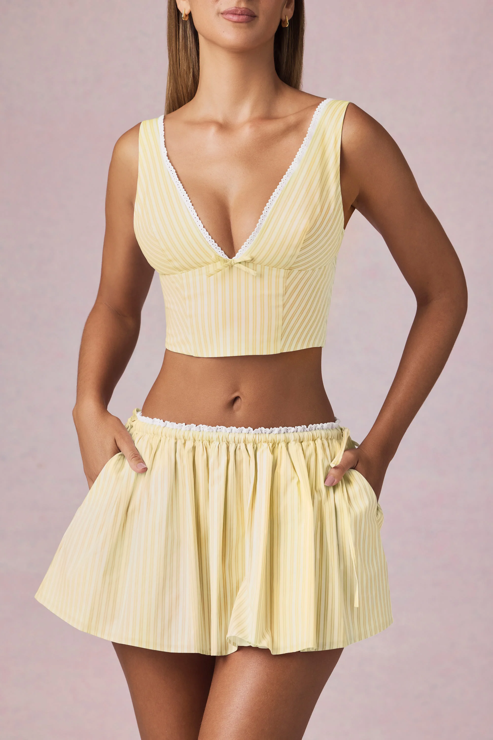 Bow-Detail Crop Top in Lemon Yellow Stripe - Image 2