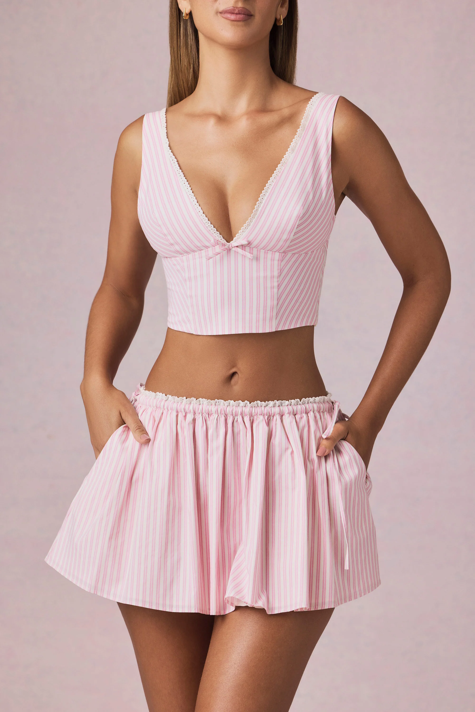 Bow-Detail Crop Top in Soft Mauve Stripe - Image 2