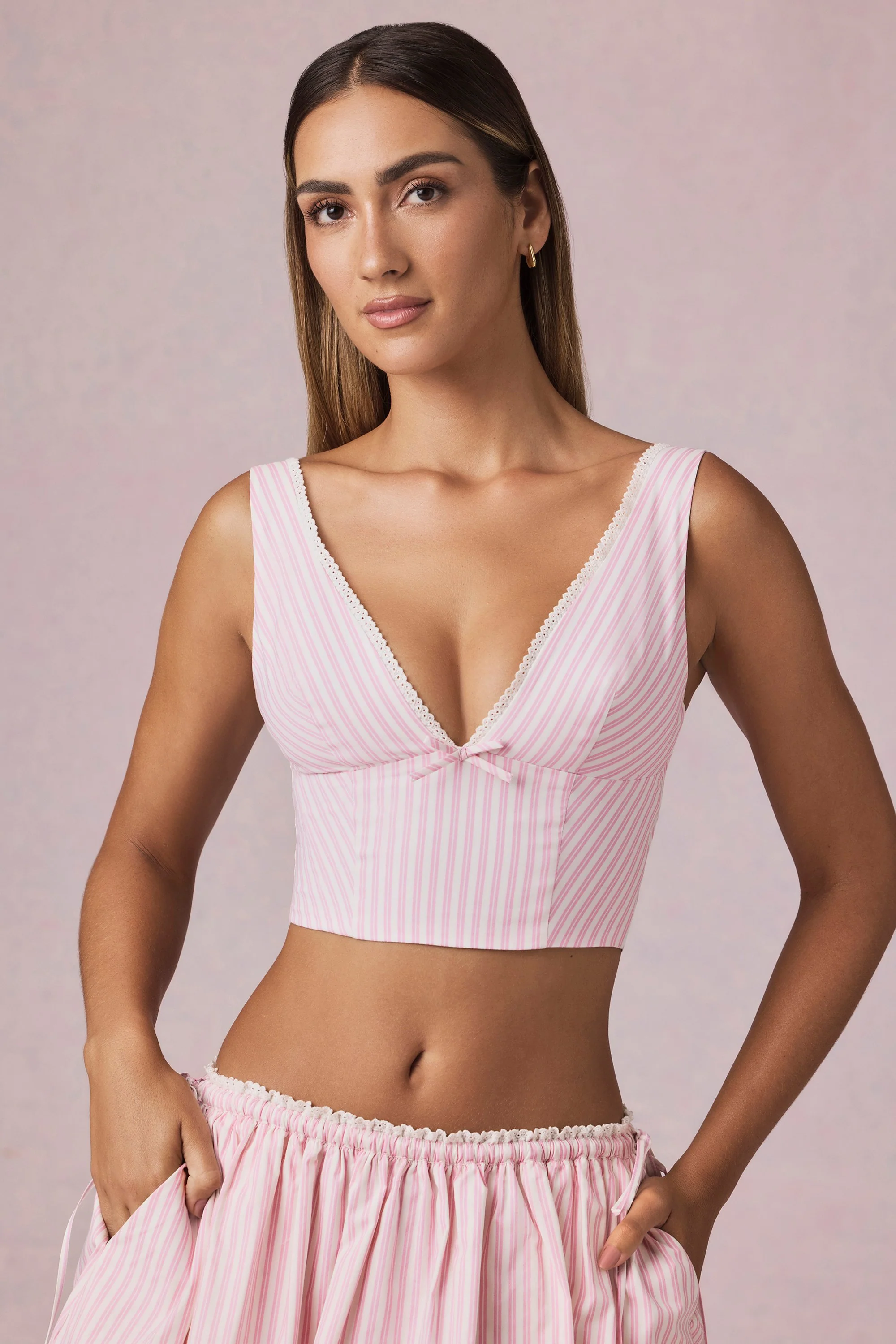 Bow-Detail Crop Top in Soft Mauve Stripe - Image 6