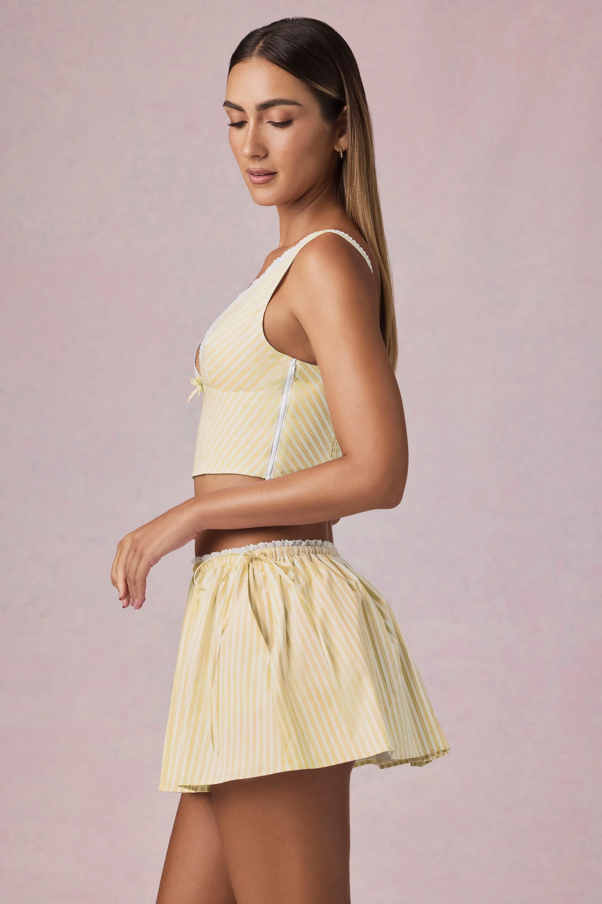 Ruched Drawstring Mini Skirt in Lemon Yellow Stripe - Image 3