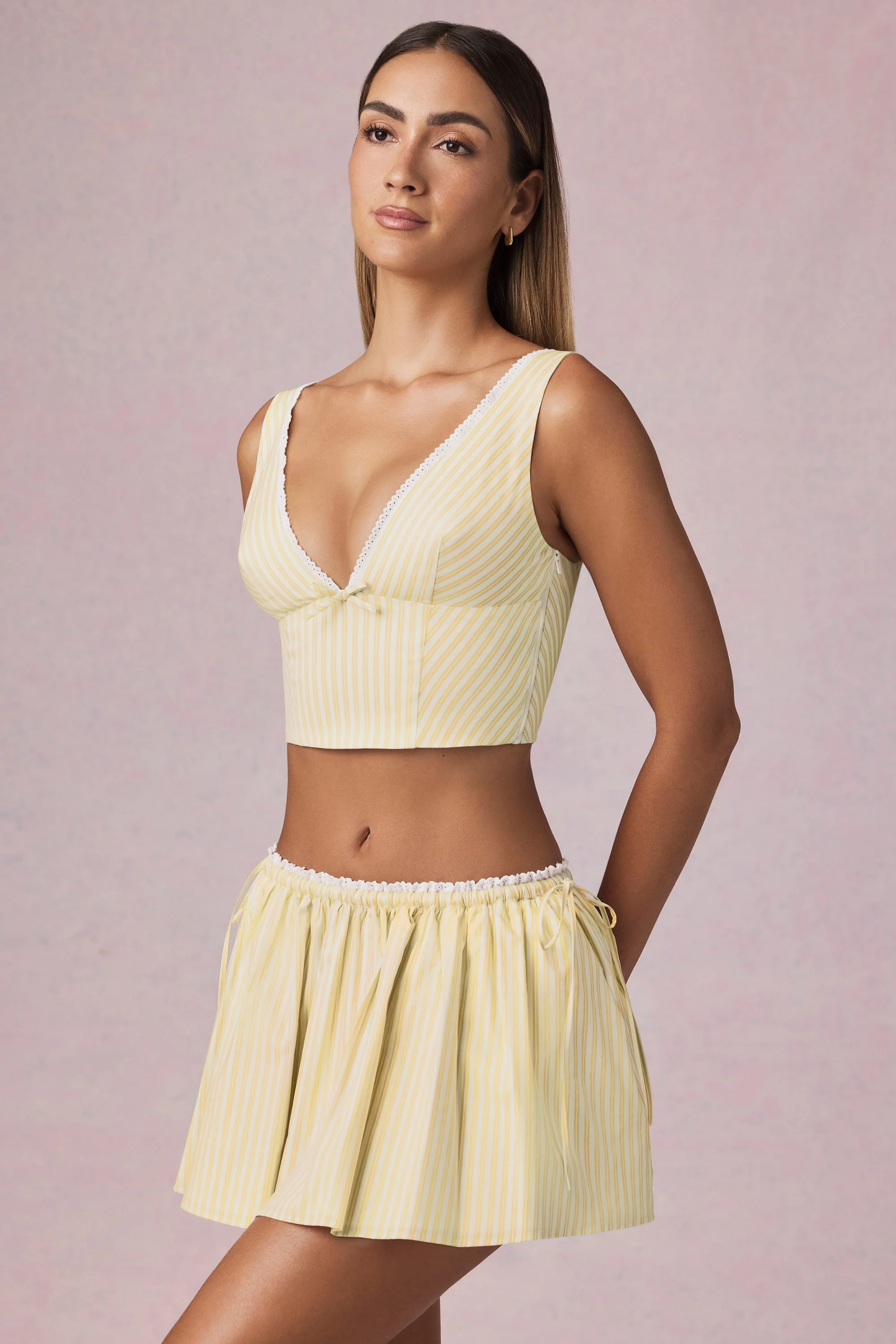 Ruched Drawstring Mini Skirt in Lemon Yellow Stripe - Image 6