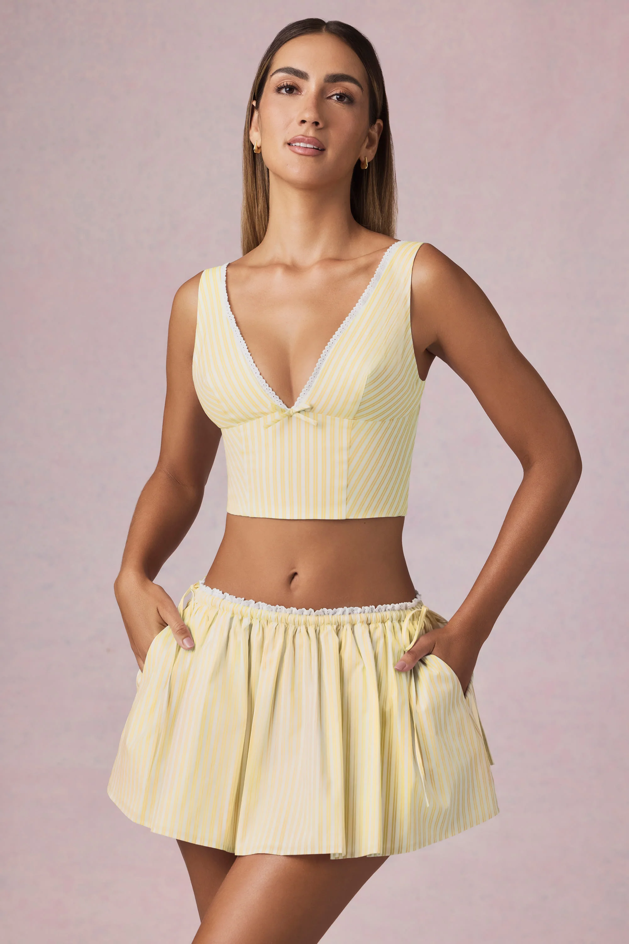 Ruched Drawstring Mini Skirt in Lemon Yellow Stripe - Image 7