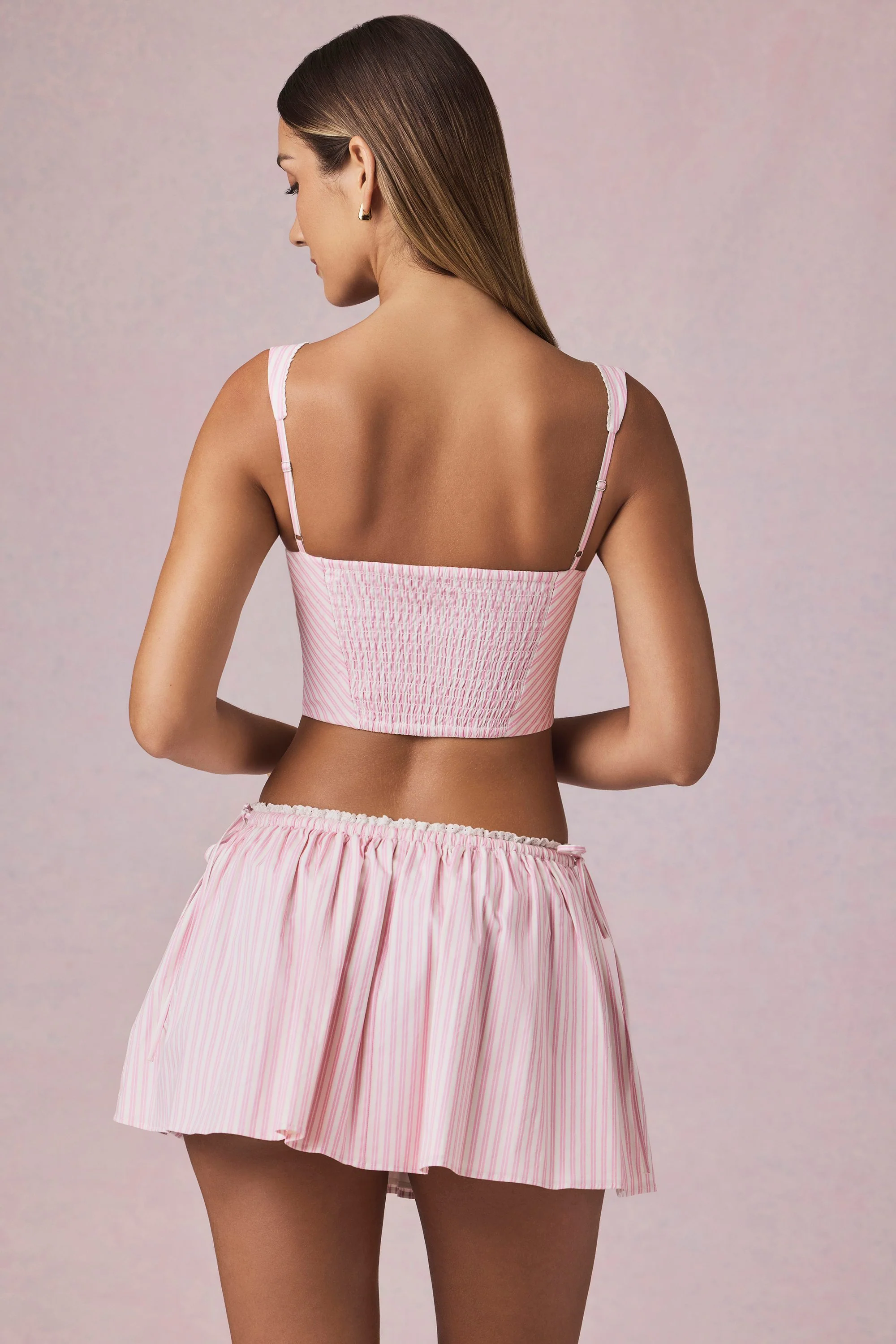 Ruched Drawstring Mini Skirt in Soft Mauve Stripe - Image 2