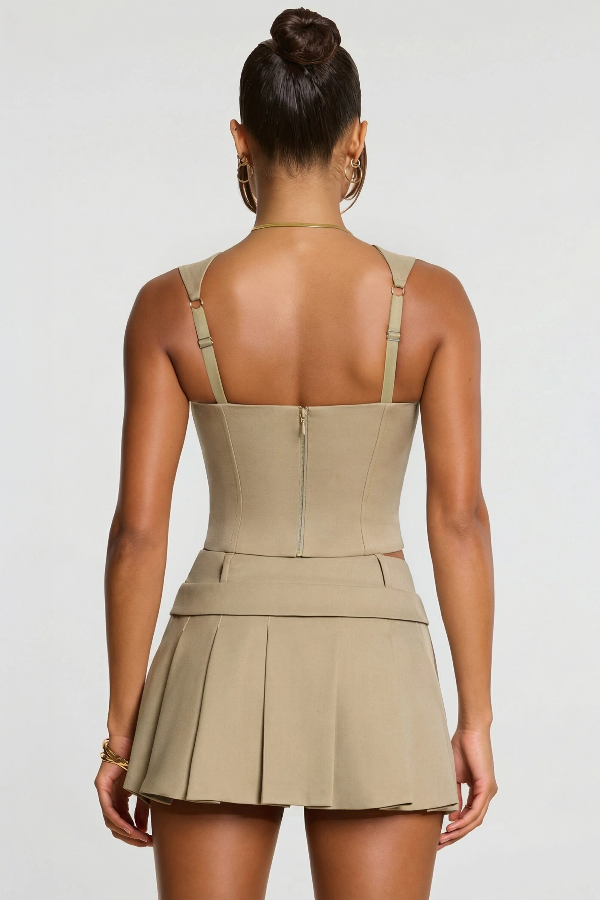 Brushed Twill Mid Rise Pleated Micro Mini Skirt in Taupe - Image 2