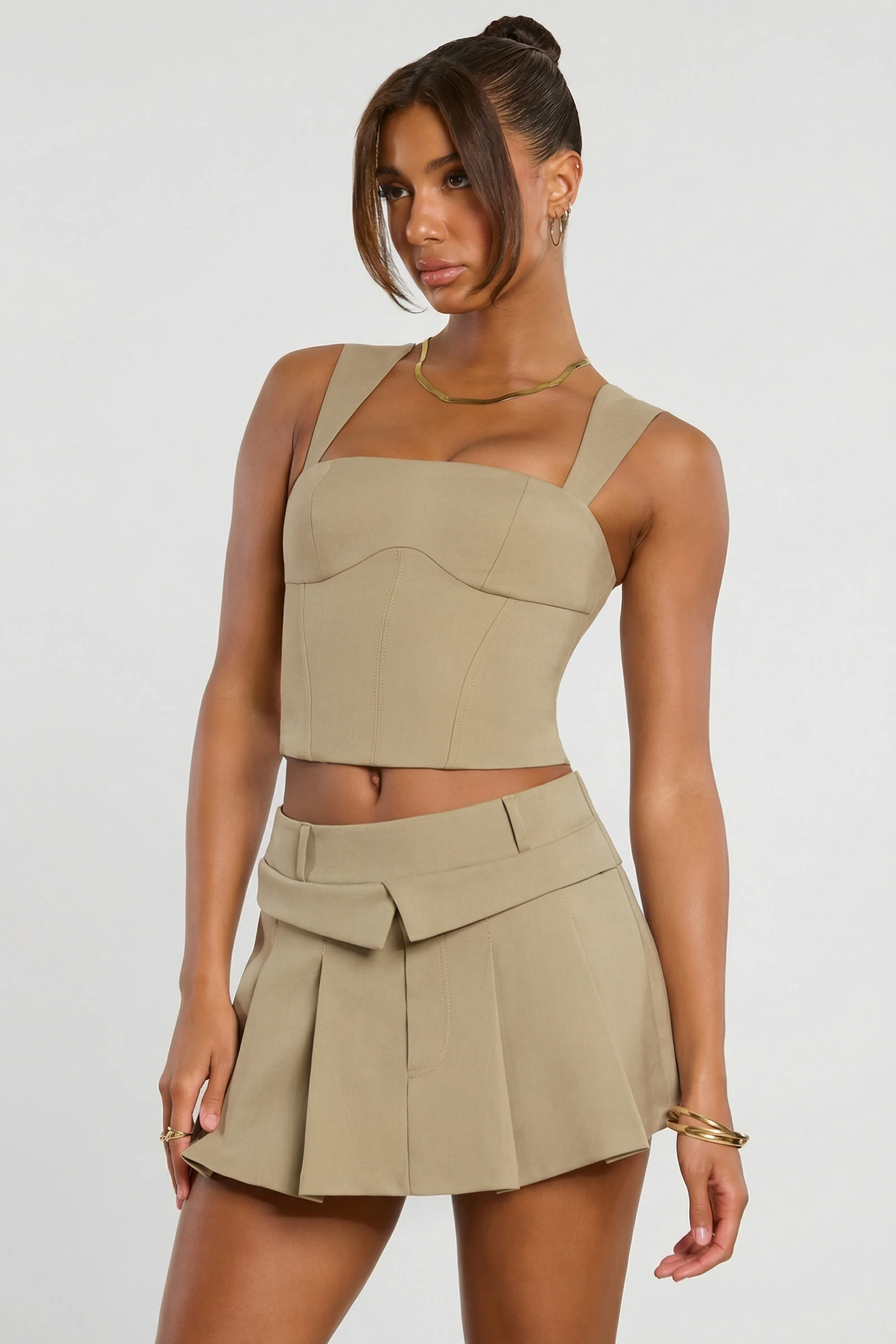 Brushed Twill Mid Rise Pleated Micro Mini Skirt in Taupe - Image 5