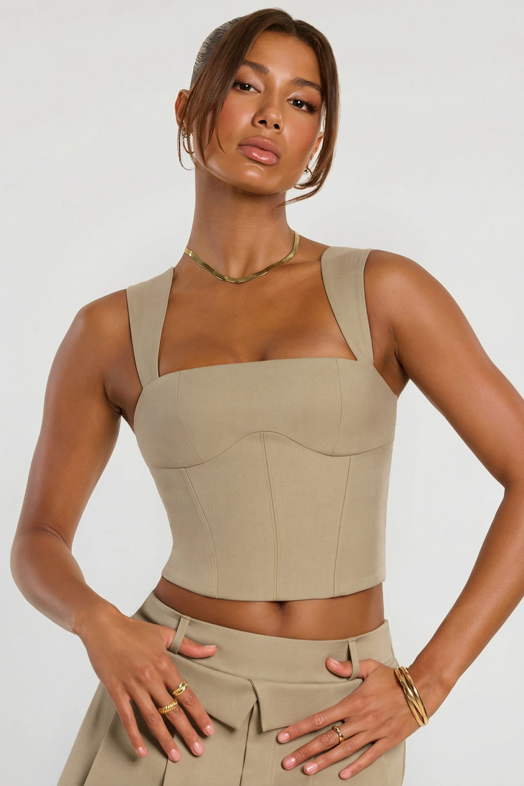 Brushed Twill Mid Rise Pleated Micro Mini Skirt in Taupe - Image 7