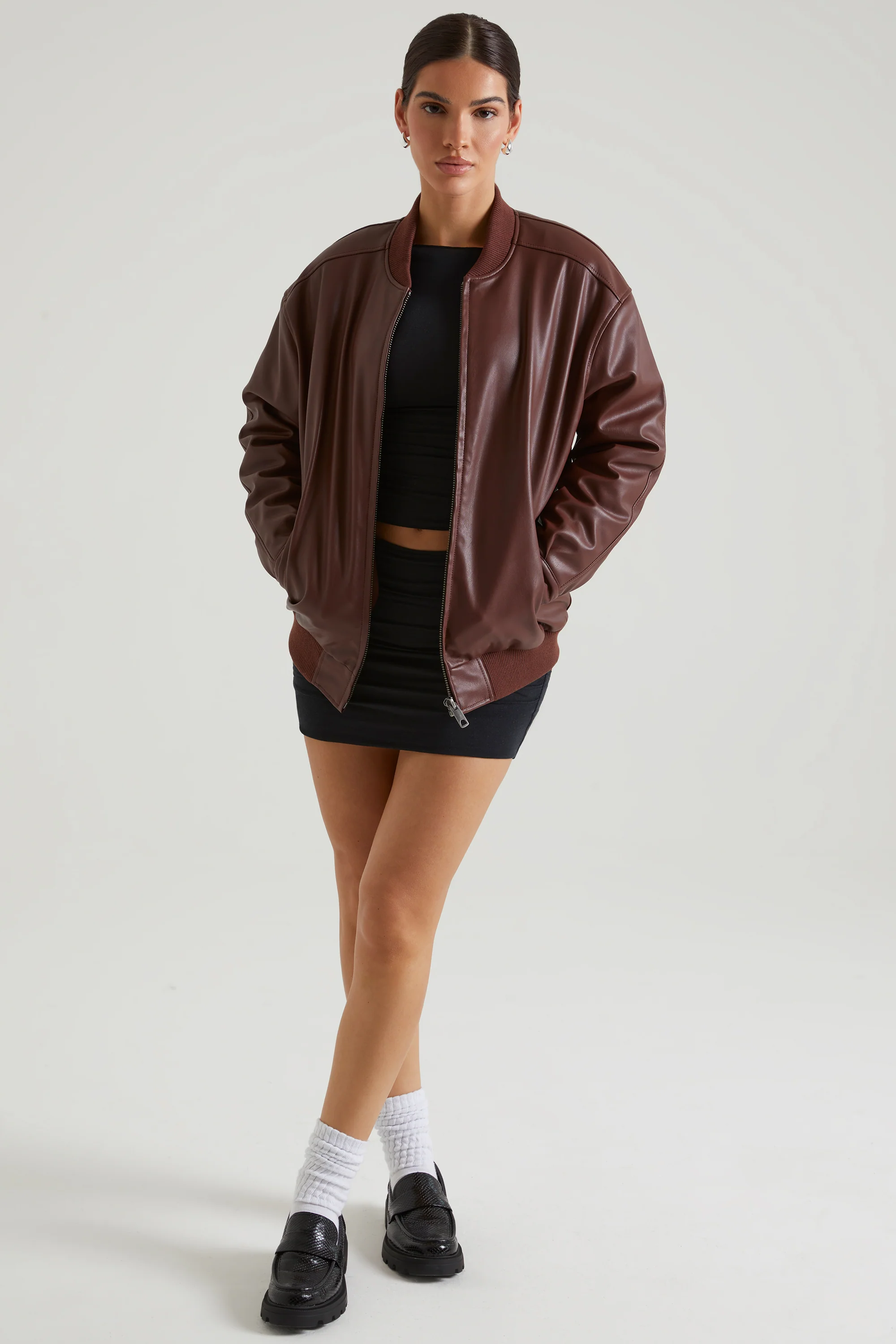 Faux Leather Jacket in Brown - Image 10