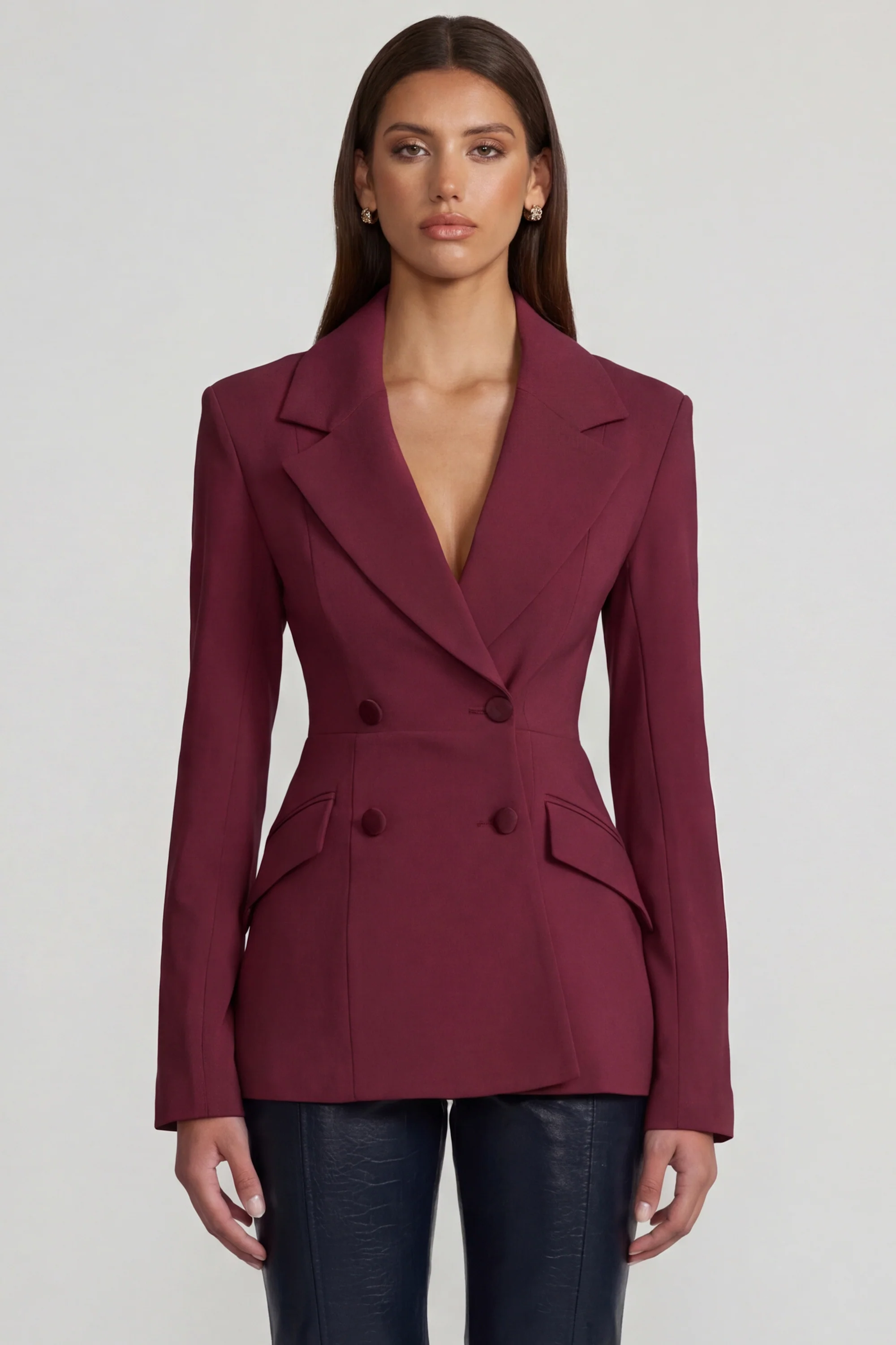 Structured Double-Breasted Blazer in Burgundy