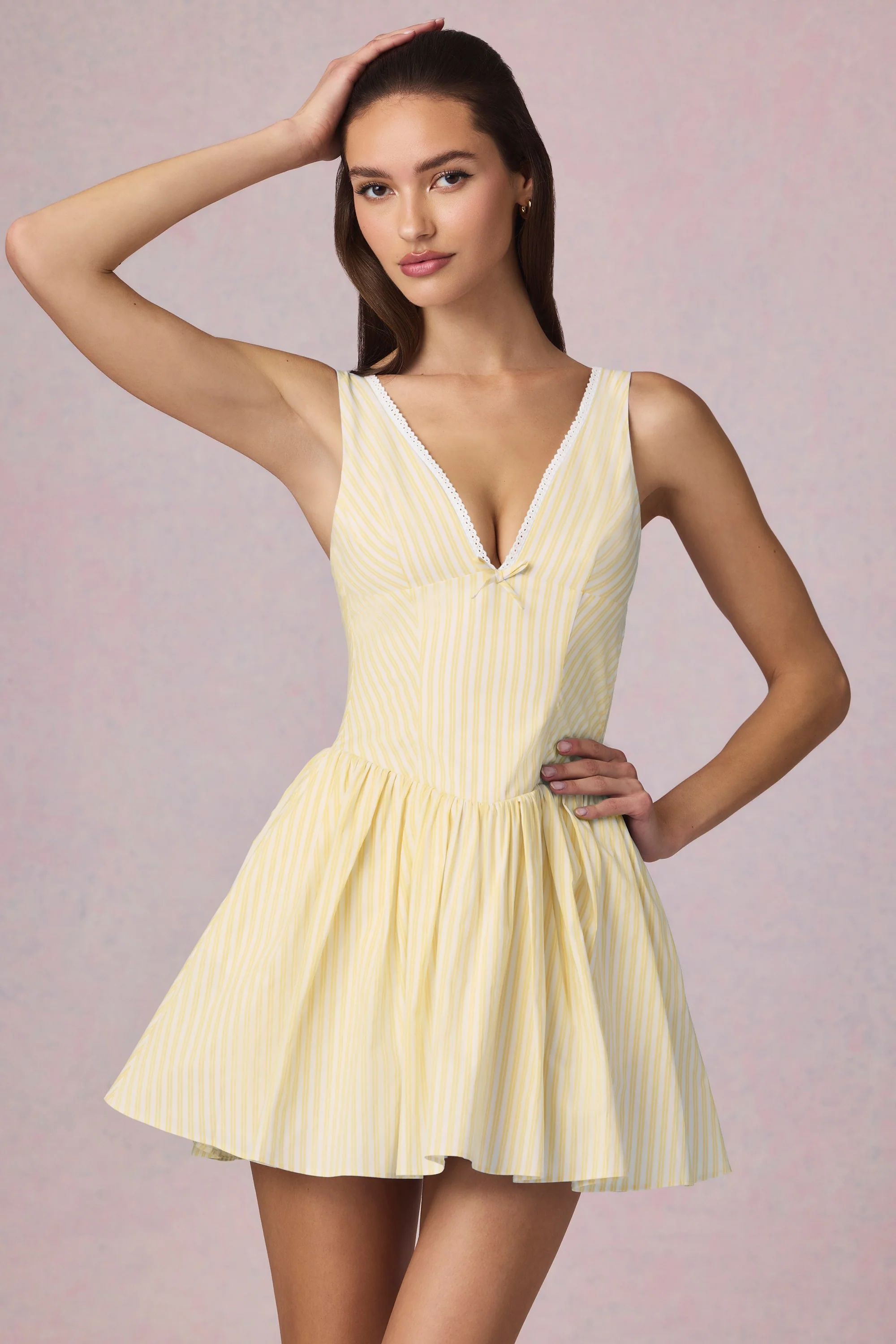 Bow-Detail A-Line Mini Dress in Lemon Yellow Stripe - Image 5